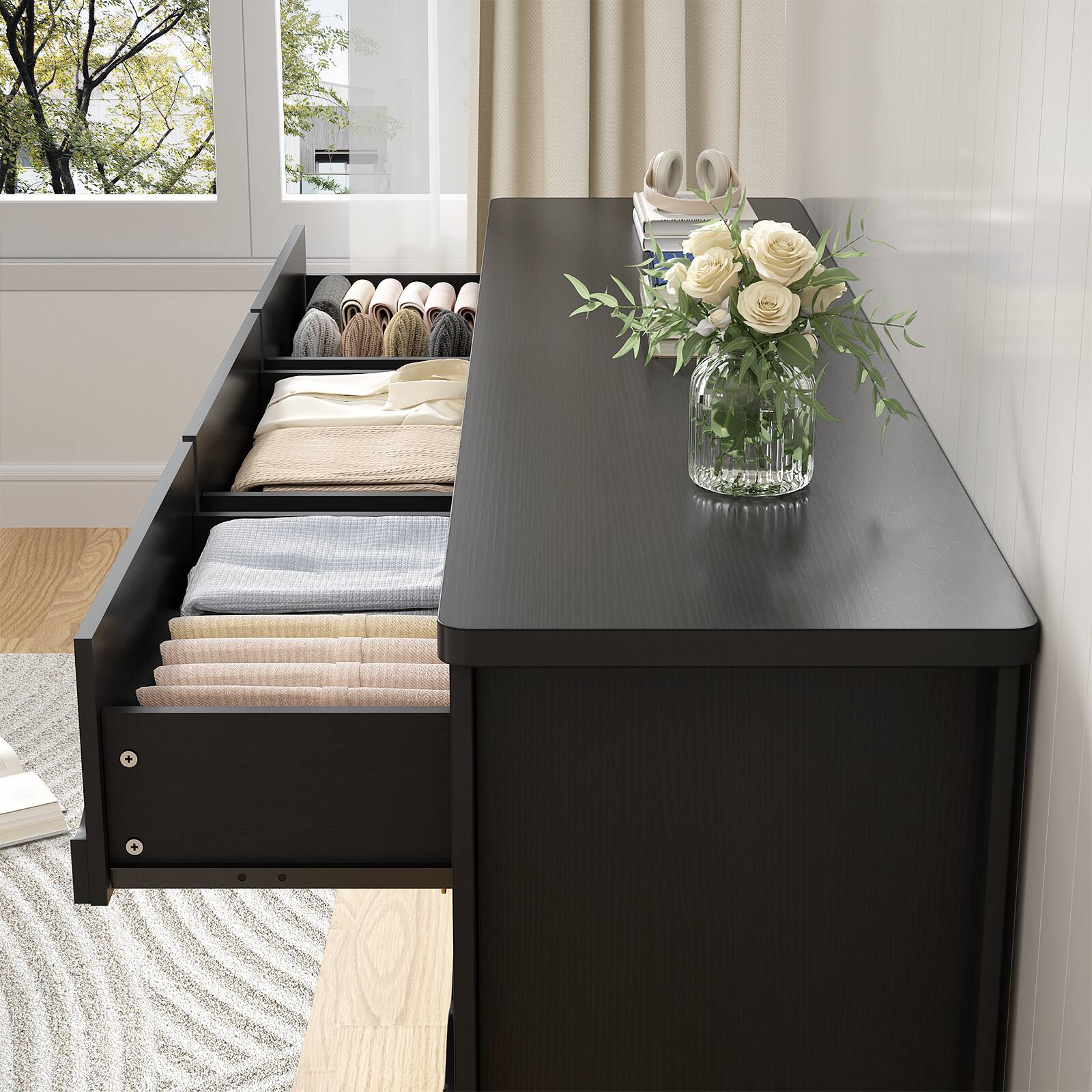 Alt View 2. Aheaplus - 9-Drawer Wood Dresser: Versatile Chest of Drawers for Bedroom, Living Room and Hallway Storage - Black.