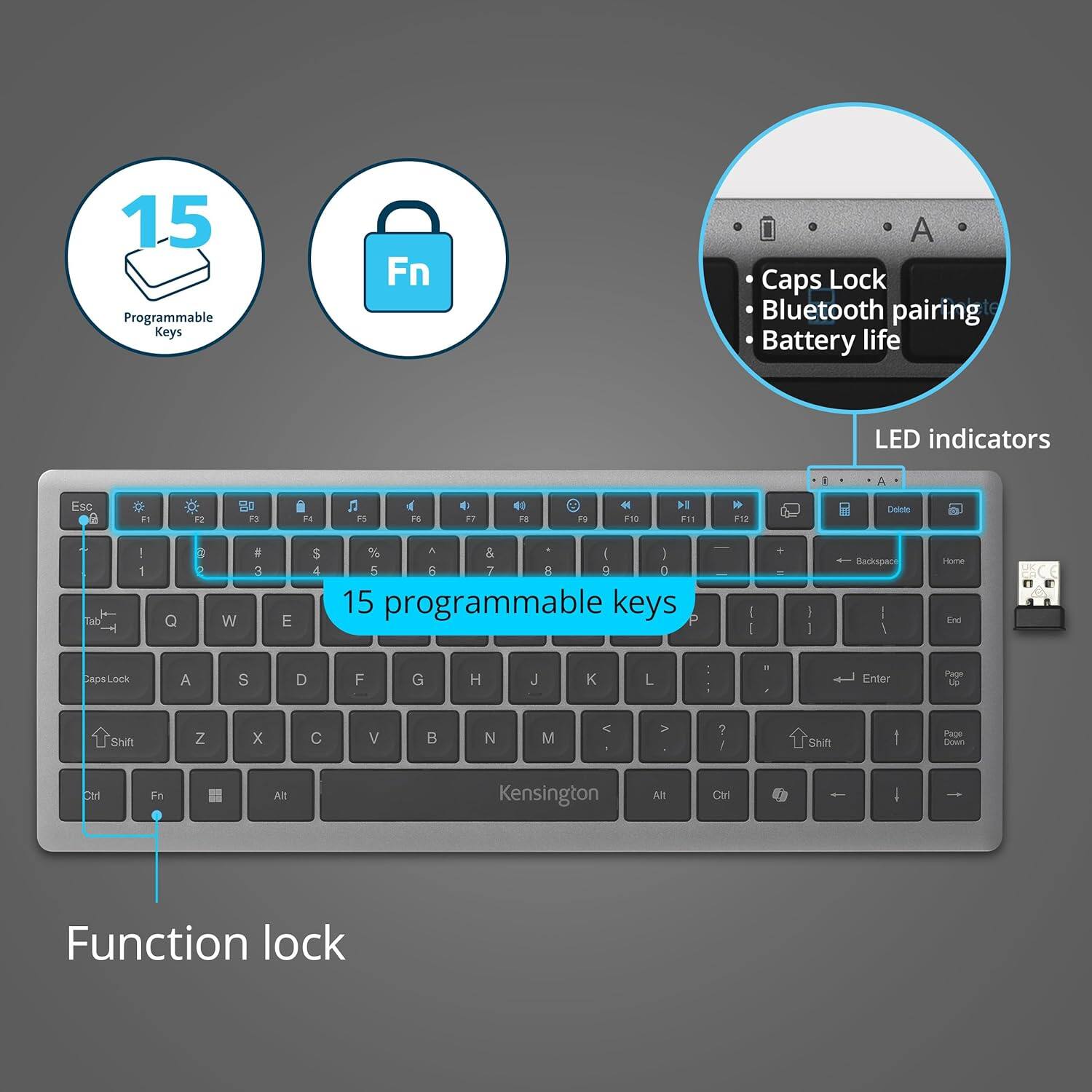 15 Programmable Keys  
Fn  
Caps Lock  
Bluetooth pairing  
Battery life  
LED indicators  
Esc  
F1  
F2  
F3  
F4  
F5  
F6  
F7  
F8  
F9  
F10  
F11  
F12  
Delete  
Backspace  
Tab  
Q  
W  
E  
R  
T  
Y  
U  
I  
O  
P  
A  
S  
D  
F  
G  
H  
J  
K  
L  
Z  
X  
C  
V  
B  
N  
M  
Shift  
Shift  
Ctrl  
Alt  
Kensington  
Function lock