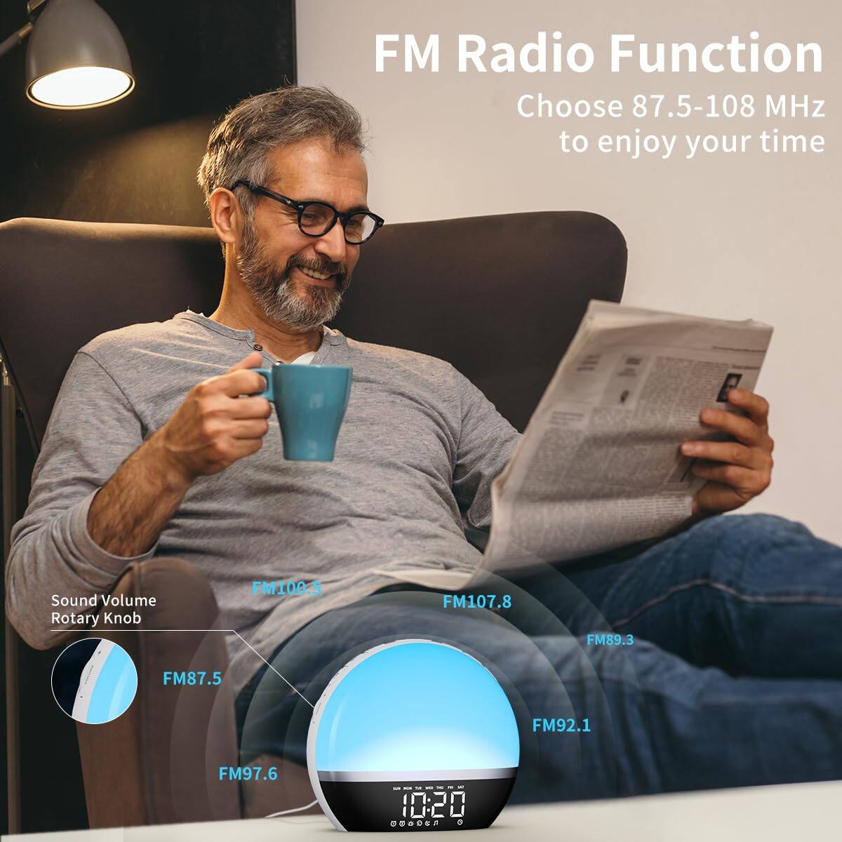 FM Radio Function  
Choose 87.5-108 MHz to enjoy your time  

Sound Volume Rotary Knob  

FM100.5  
FM107.8  
FM89.3  
FM87.5  
FM92.1  
FM97.6