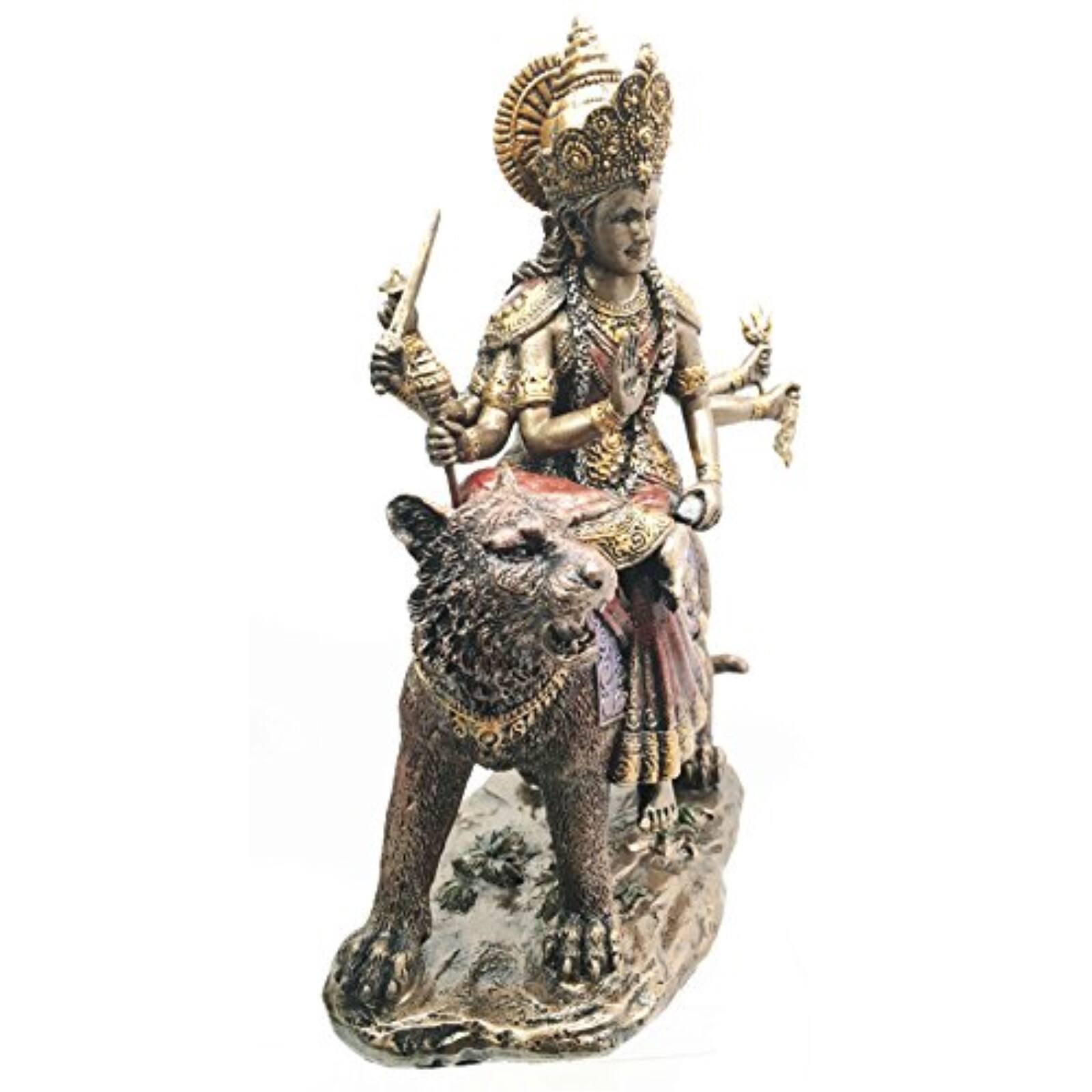 Angle. Pacific Trading - Eastern Enlightenment Durga On Tiger Statue Decorative Resin Piece 8.5 inch - Bronze.