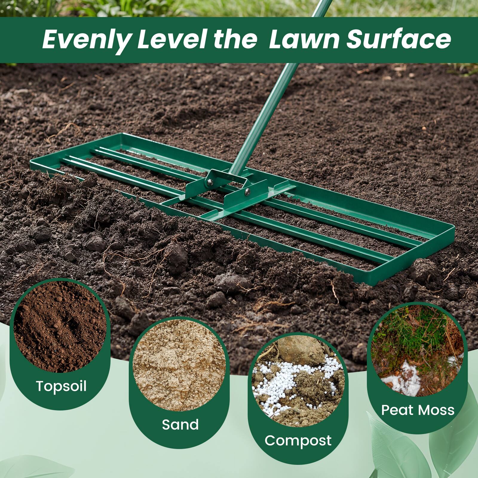 Evenly Level the Lawn Surface

- Topsoil
- Sand
- Compost
- Peat Moss