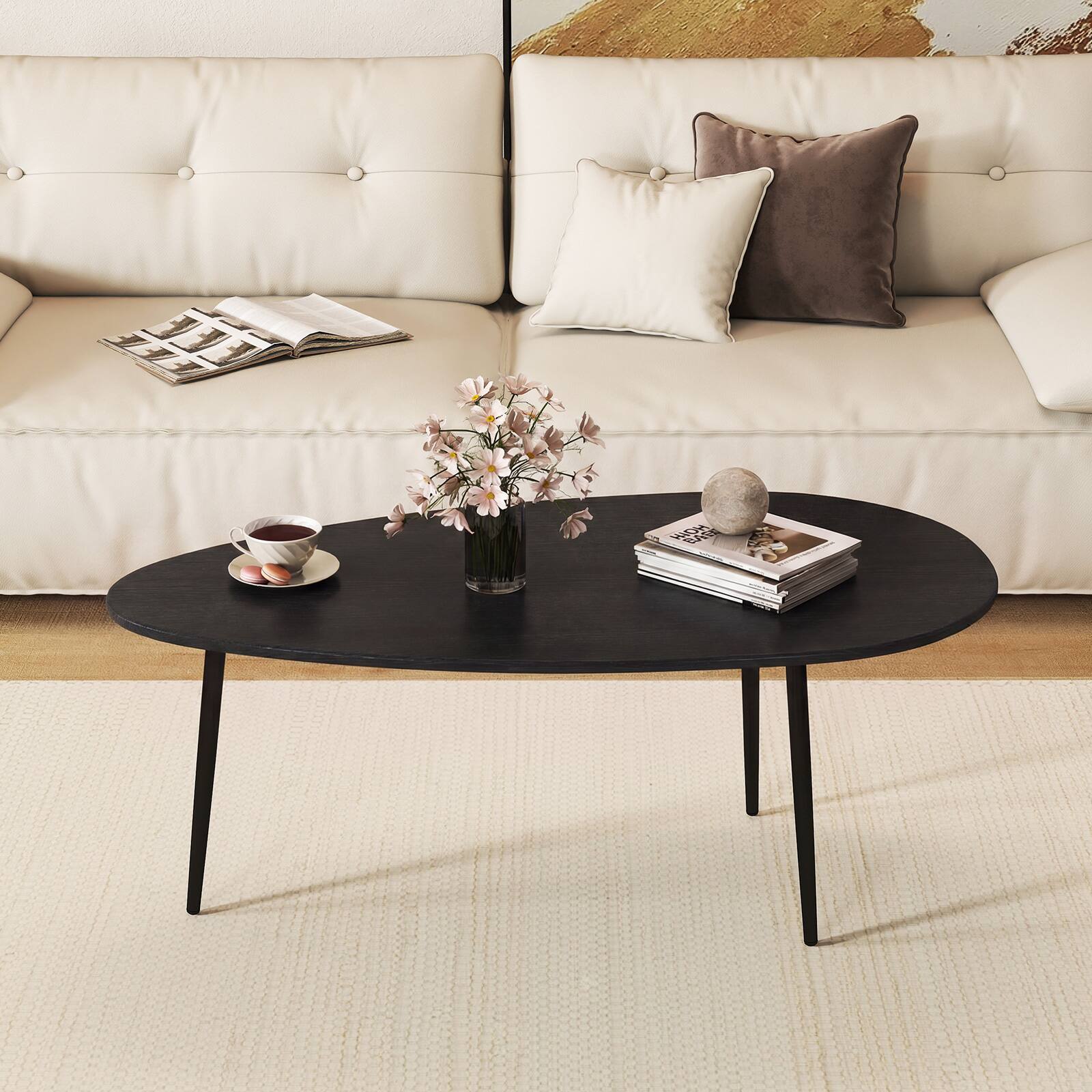 Alt View 3. Costway - Costway Oval Coffee Table, Mid Century Center Table with Sturdy Metal Construction for Home - Black.