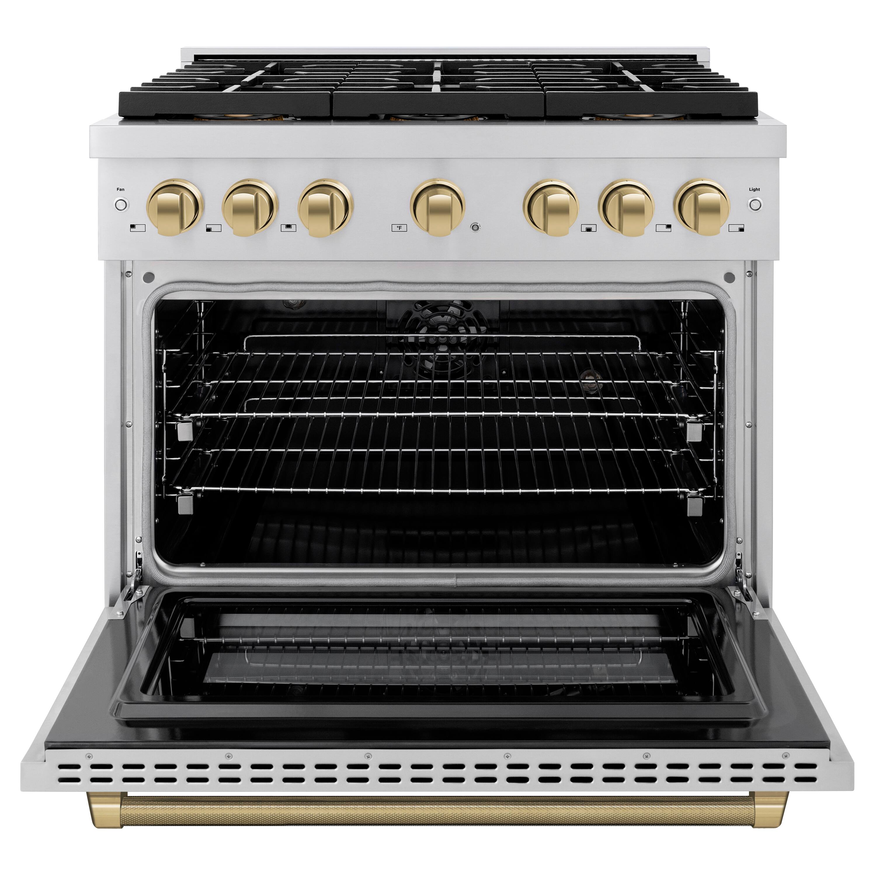 Angle. ZLINE - Autograph 36 in. 5.2 cu. ft. Freestanding Paramount DuoPro Dual Fuel Range in Stainless Steel with Bronze Helix Handle - Stainless Steel.