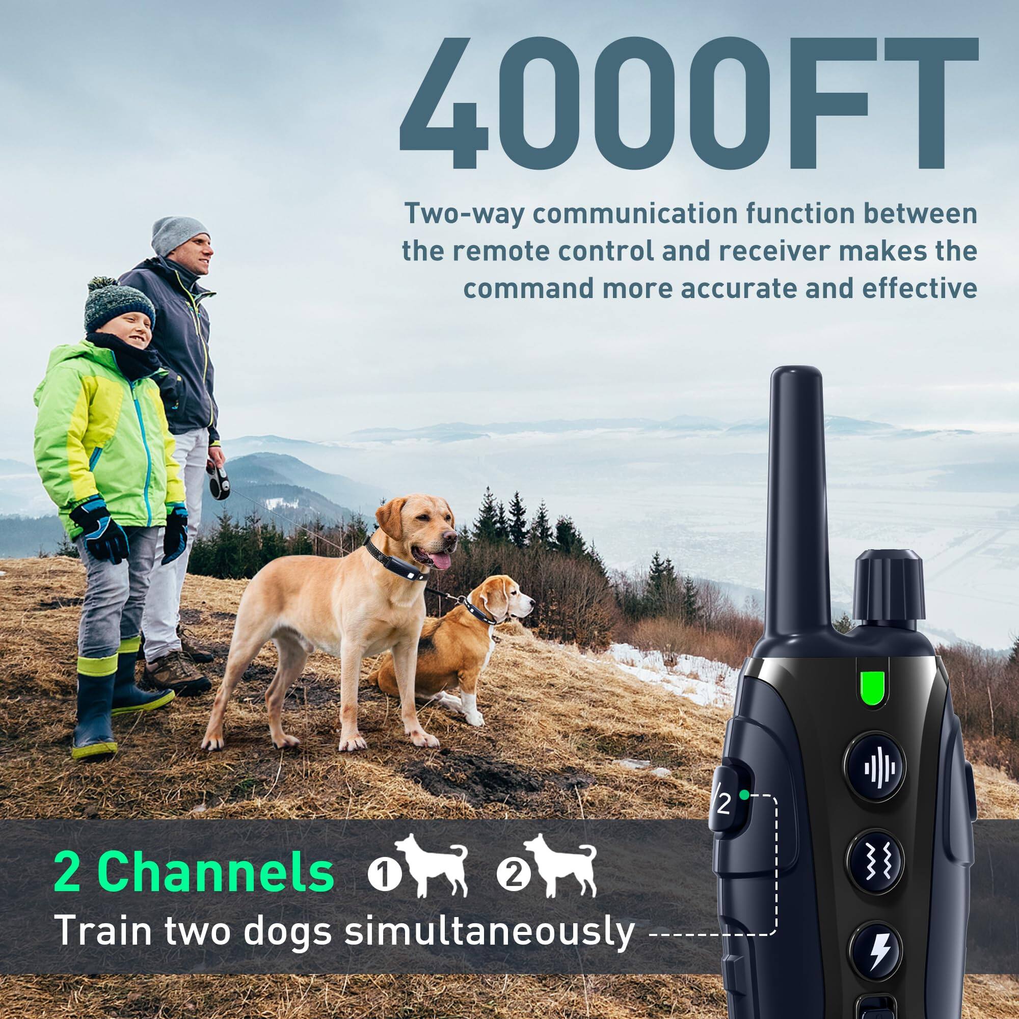 4000FT  
Two-way communication function between the remote control and receiver makes the command more accurate and effective  

2 Channels  
Train two dogs simultaneously