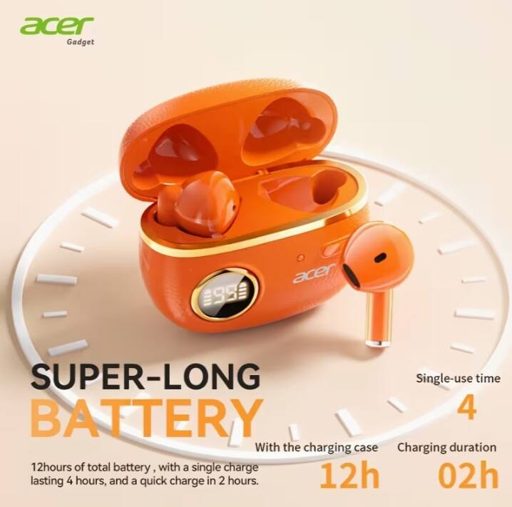 Acer Gadget 9S  
Acer SUPER-LONG BATTERY  
With the charging case  
Single-use time: 4 hours  
Charging duration: 12 hours  
12 hours of total battery, with a single charge lasting 4 hours, and a quick charge in 2 hours.