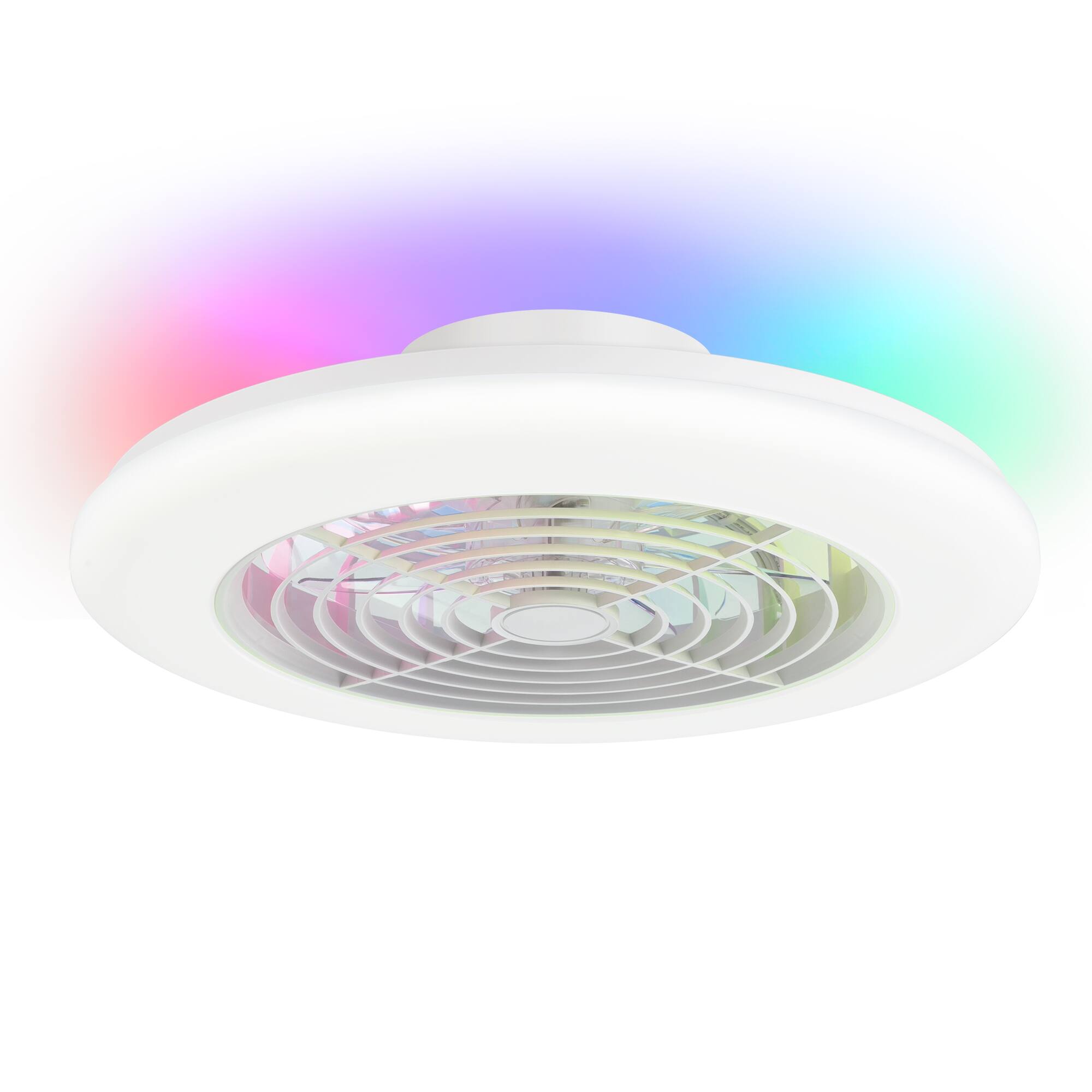 Left. Breezary - 19-In Flush Mount RGB Ceiling Fan with 5 Blades, 3-Color Light, DC Motor and 6-Speed Remote Control with Timer - Matte White.