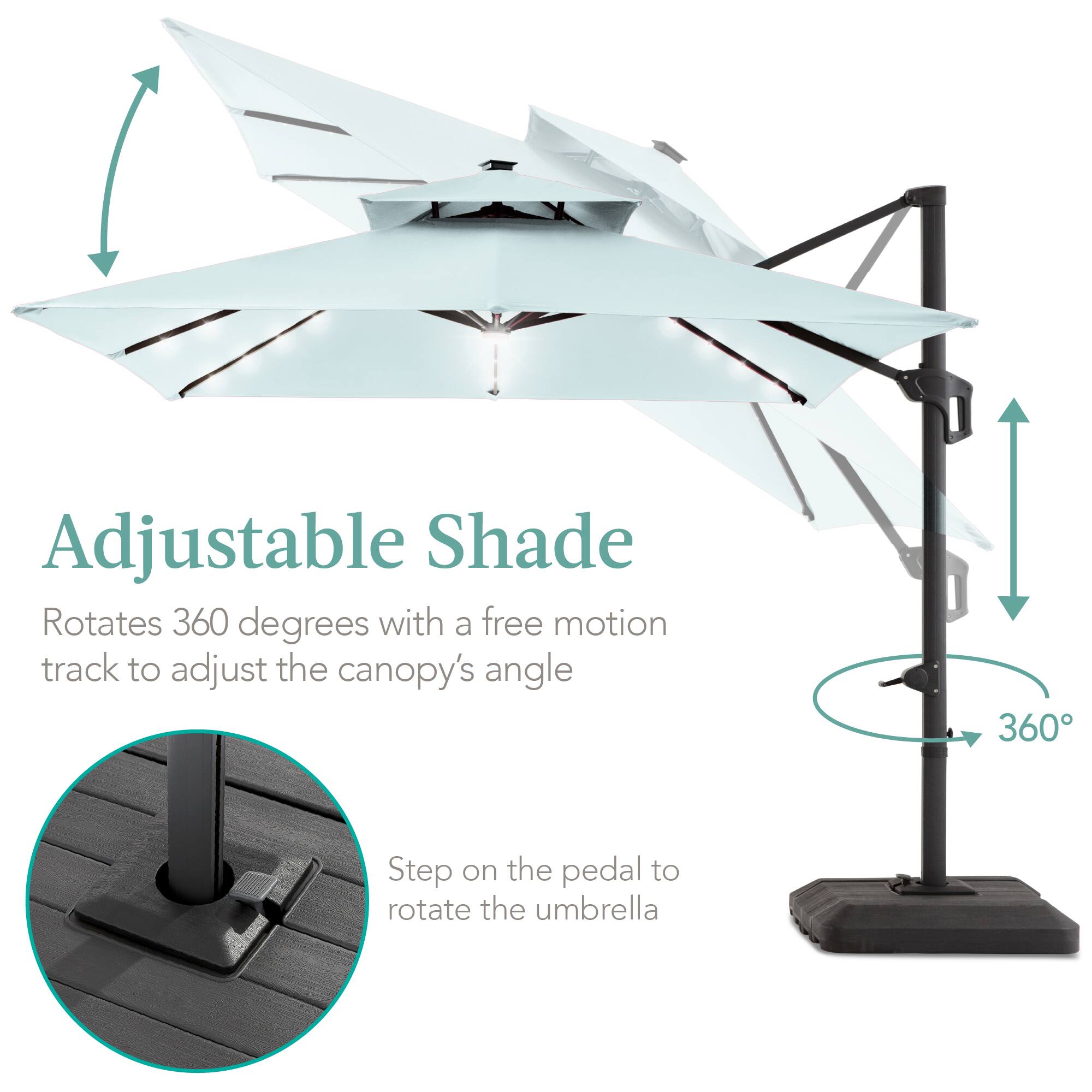 Adjustable Shade  
Rotates 360 degrees with a free motion track to adjust the canopy's angle  

Step on the pedal to rotate the umbrella