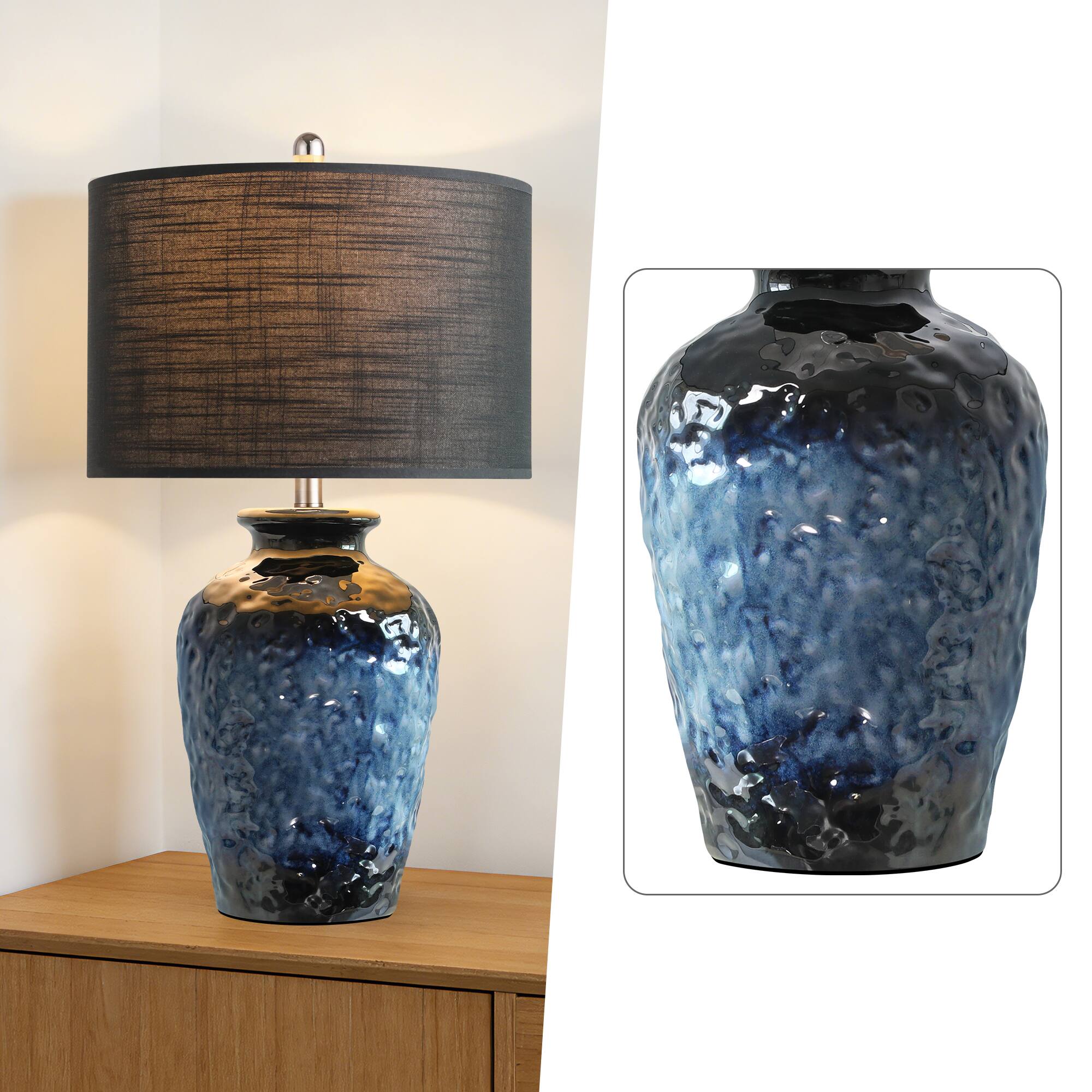 Left. partphoner - Farmhouse Ceramic Table Lamp - Blue+Black.