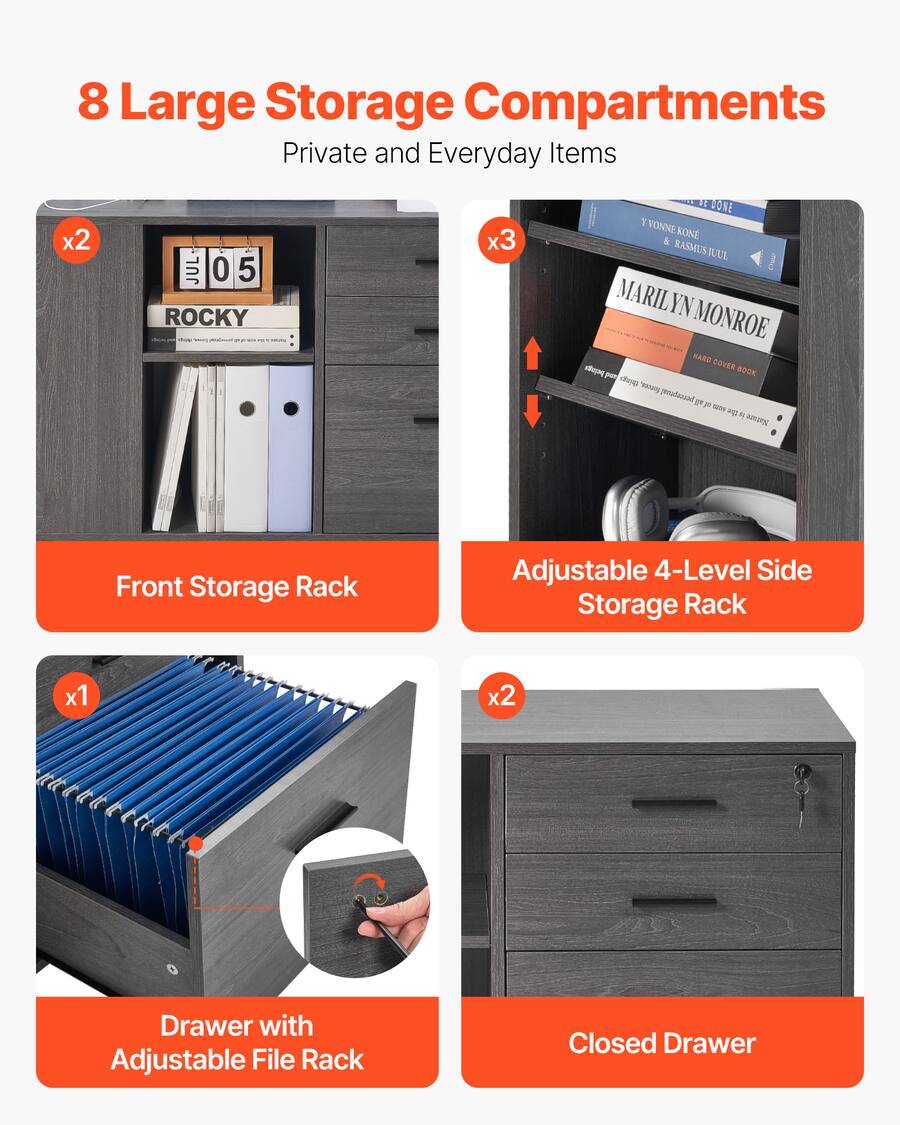 VEVOR 3 Drawer Wooden File Cabinet with Power Strip, Lockable Rolling ...