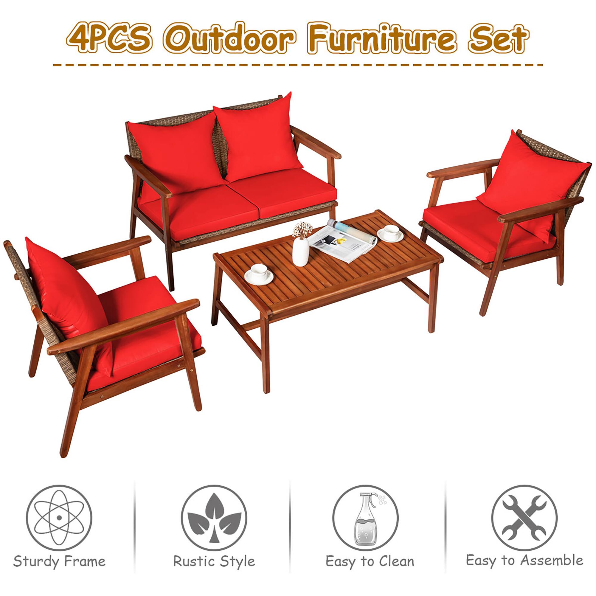 4PCS Outdoor Furniture Set
Sturdy Frame
Rustic Style
Easy to Clean
Easy to Assemble