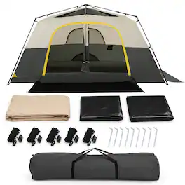 Gymax - 10 Person Instant Cabin Camping Tent w/ Rainfly Carry Bag 13 ft x 9 ft Black - Beige