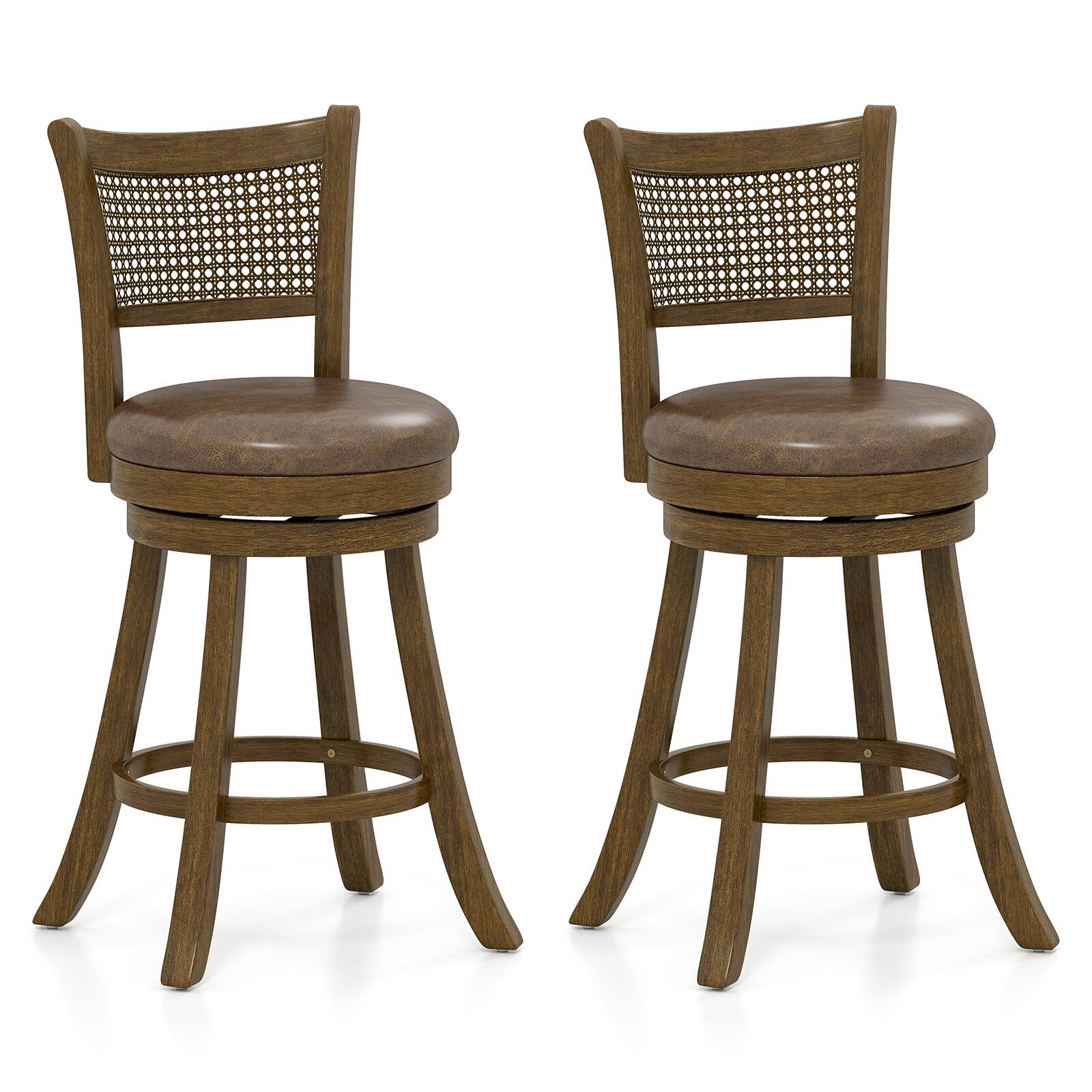 Front. Gymax - Gymax Set of 2 Bar Stools 25'' Swivel Bar Chairs w/ PE Rattan Backrest Counter Height - Brown.