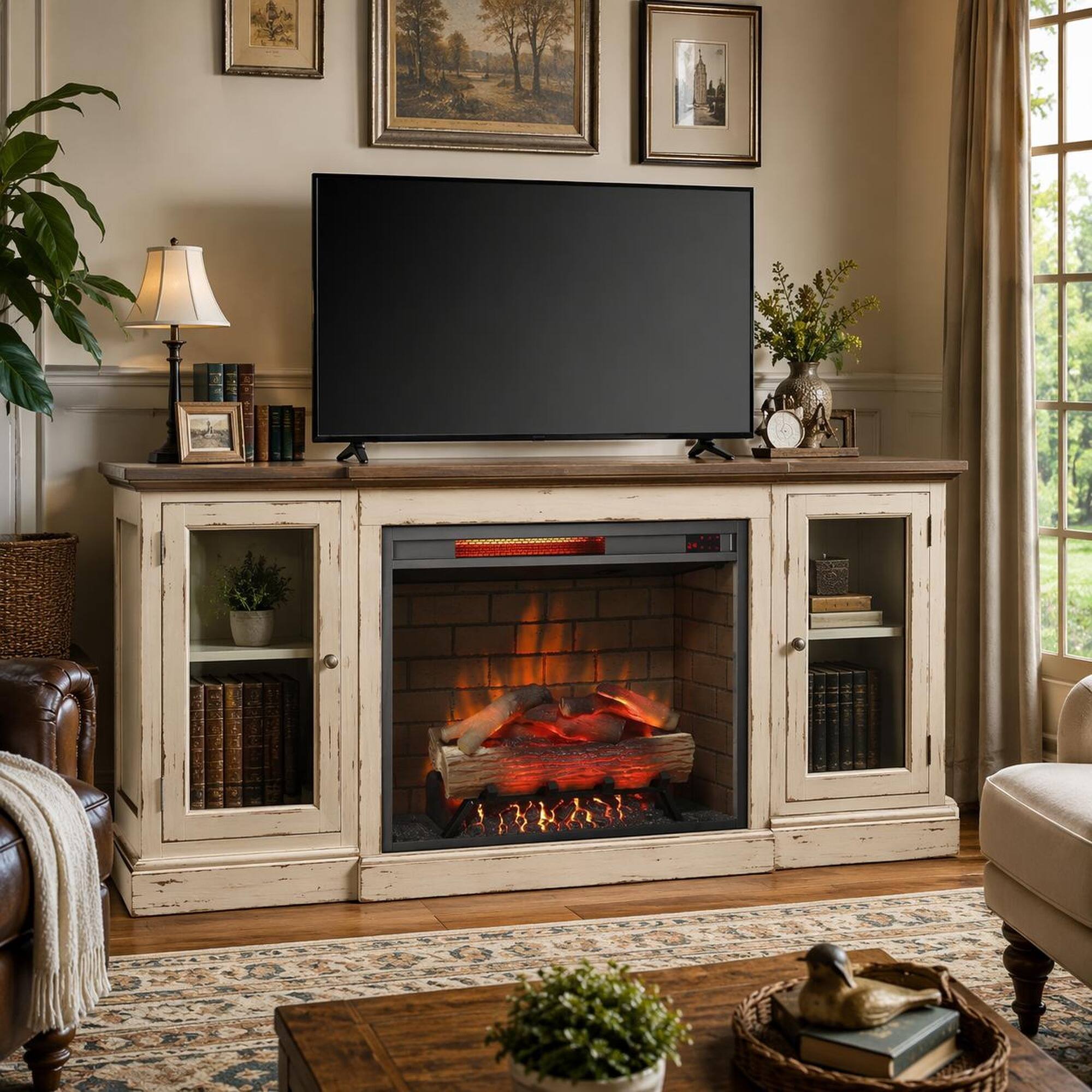 Angle. RYHNUYNE - 28 Inch Infrared Electric Fireplace with Removable Trim Kit Insert, Touch Panel & Crackling Sound - Antique Black.