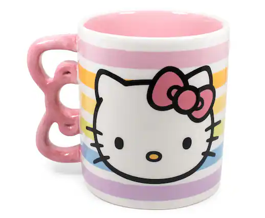 Front. Silver Buffalo - Hello Kitty Bow Handle Ceramic Mug | Holds 20 Ounces - Pink.