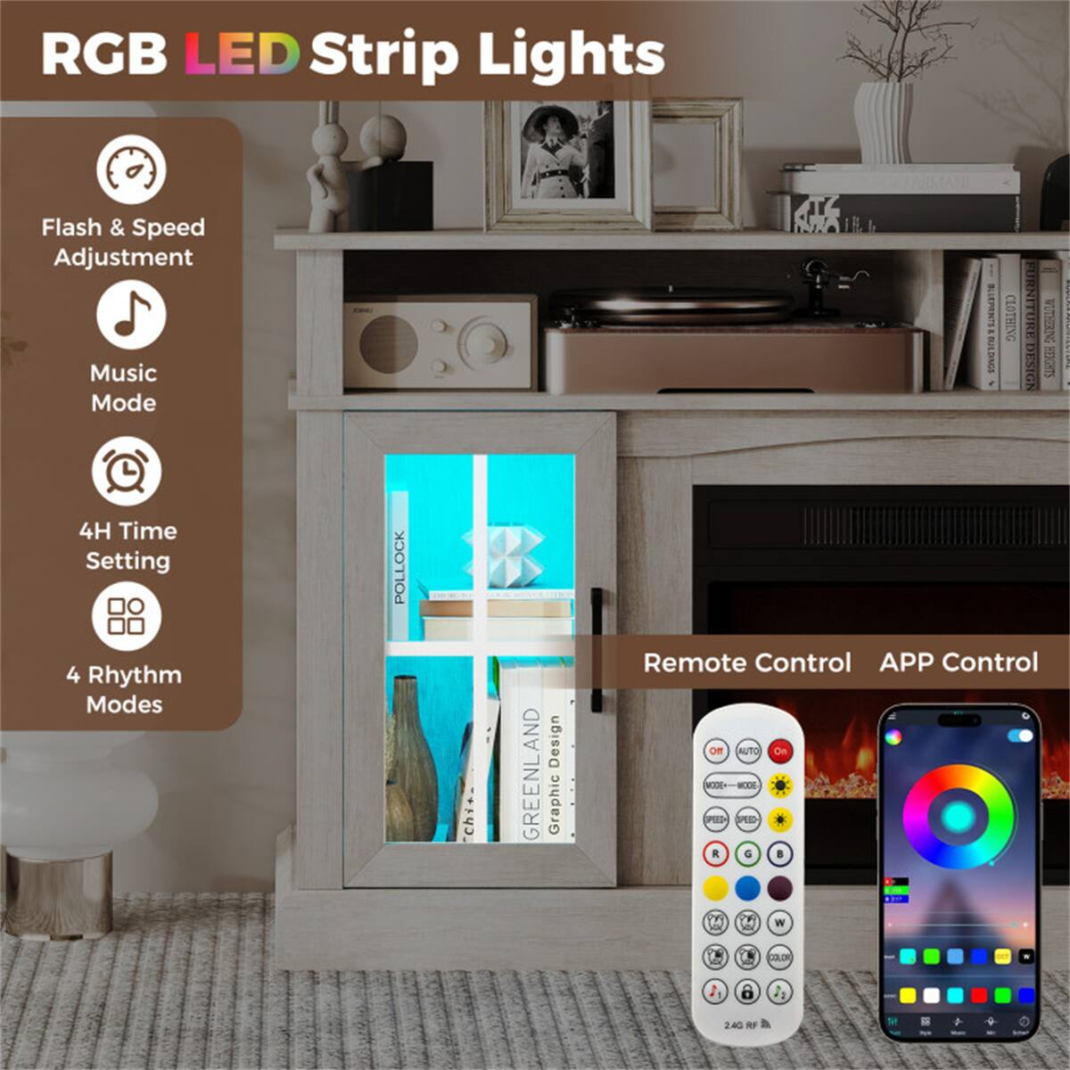 RGB LED Strip Lights

- Flash & Speed Adjustment
- Music Mode
- 4H Time Setting
- 4 Rhythm Modes

Remote Control | APP Control

2.40 GHz