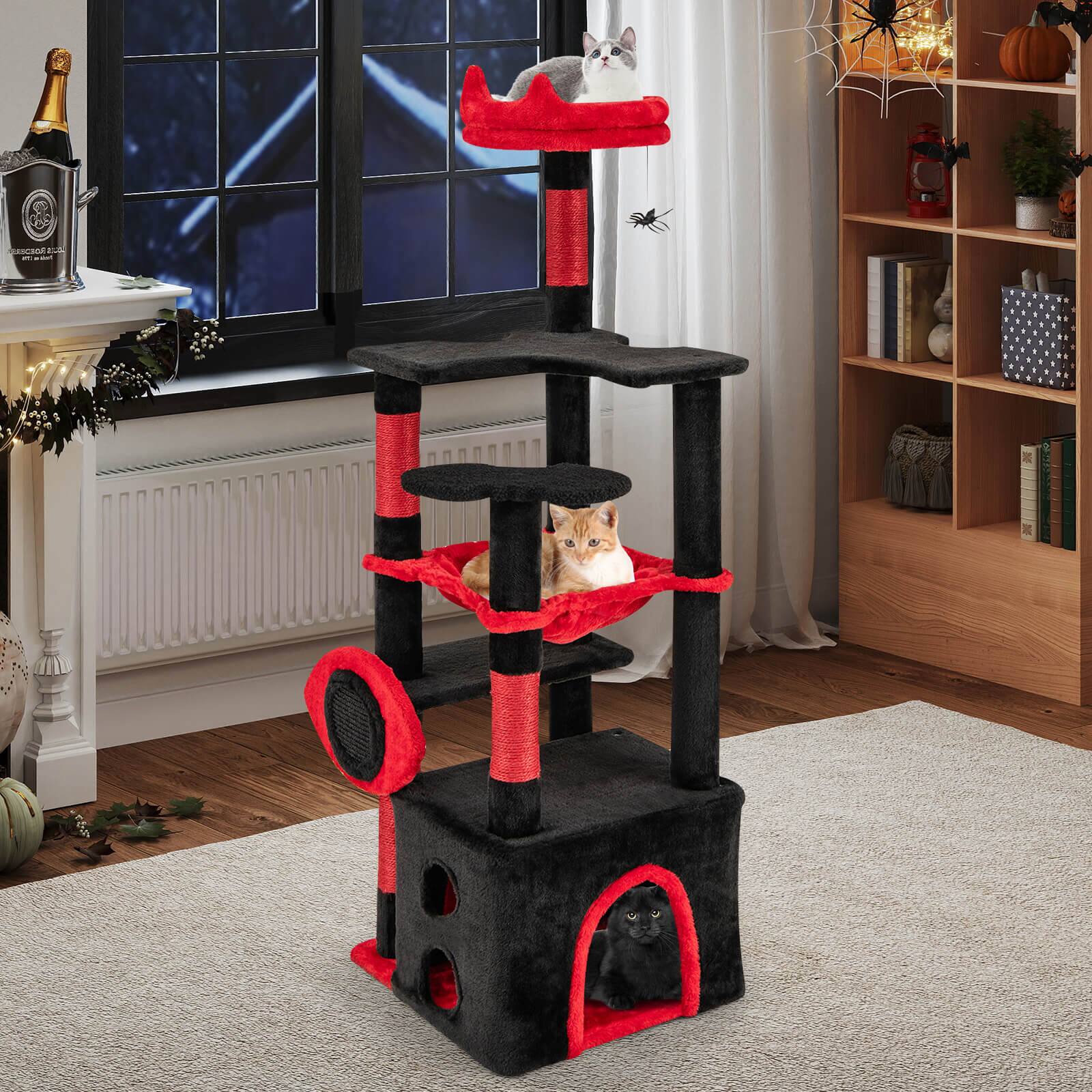 Alt View 3. Costway - Costway 52" Gothic Cat Tree with Plush Perch & Condo Hammock& Hanging Spider Toy - Red.