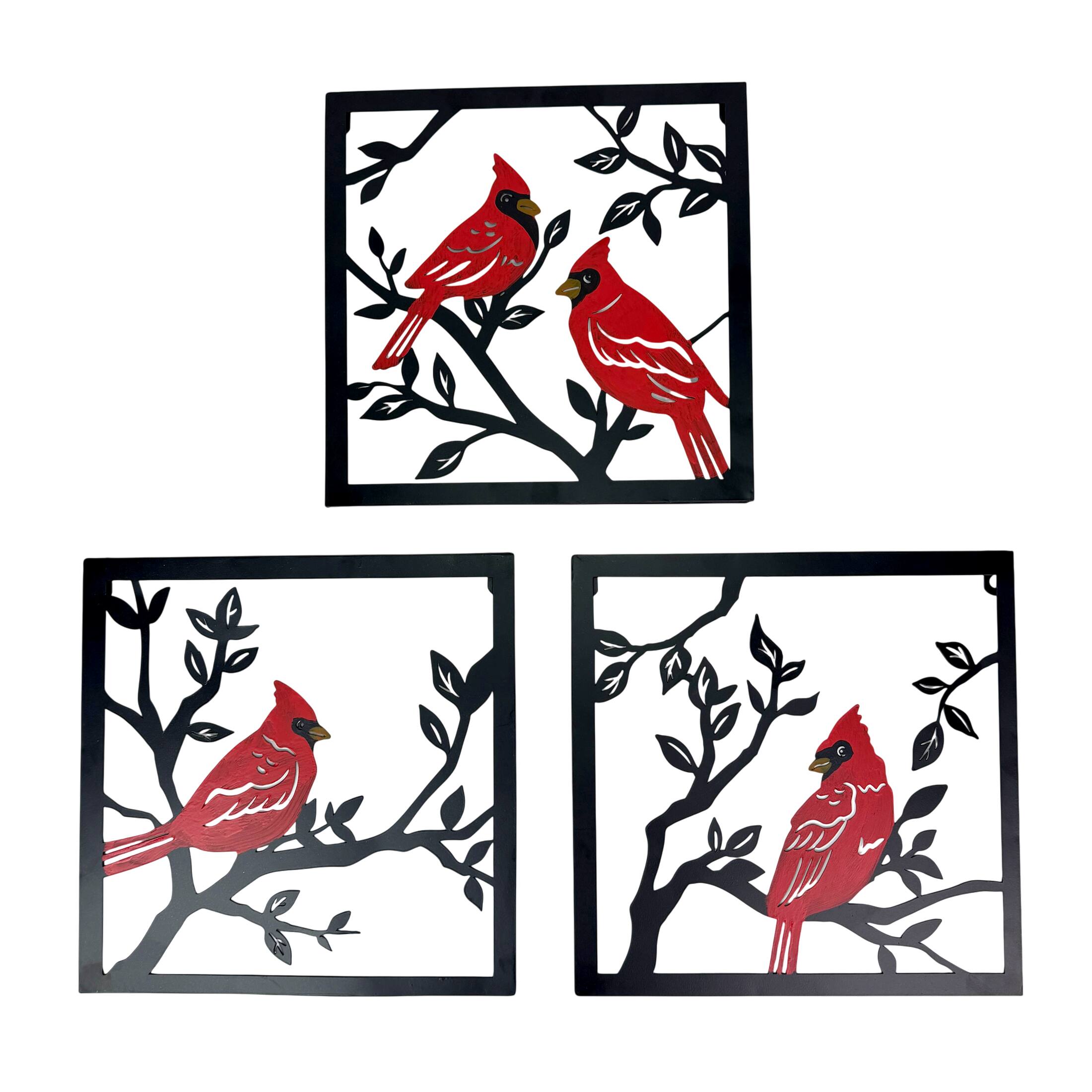 Front. Mayrich Company - Set of 3 Metal Cardinal Wall Plaques Red Bird Branch Decor 11.25 Inches - Red.
