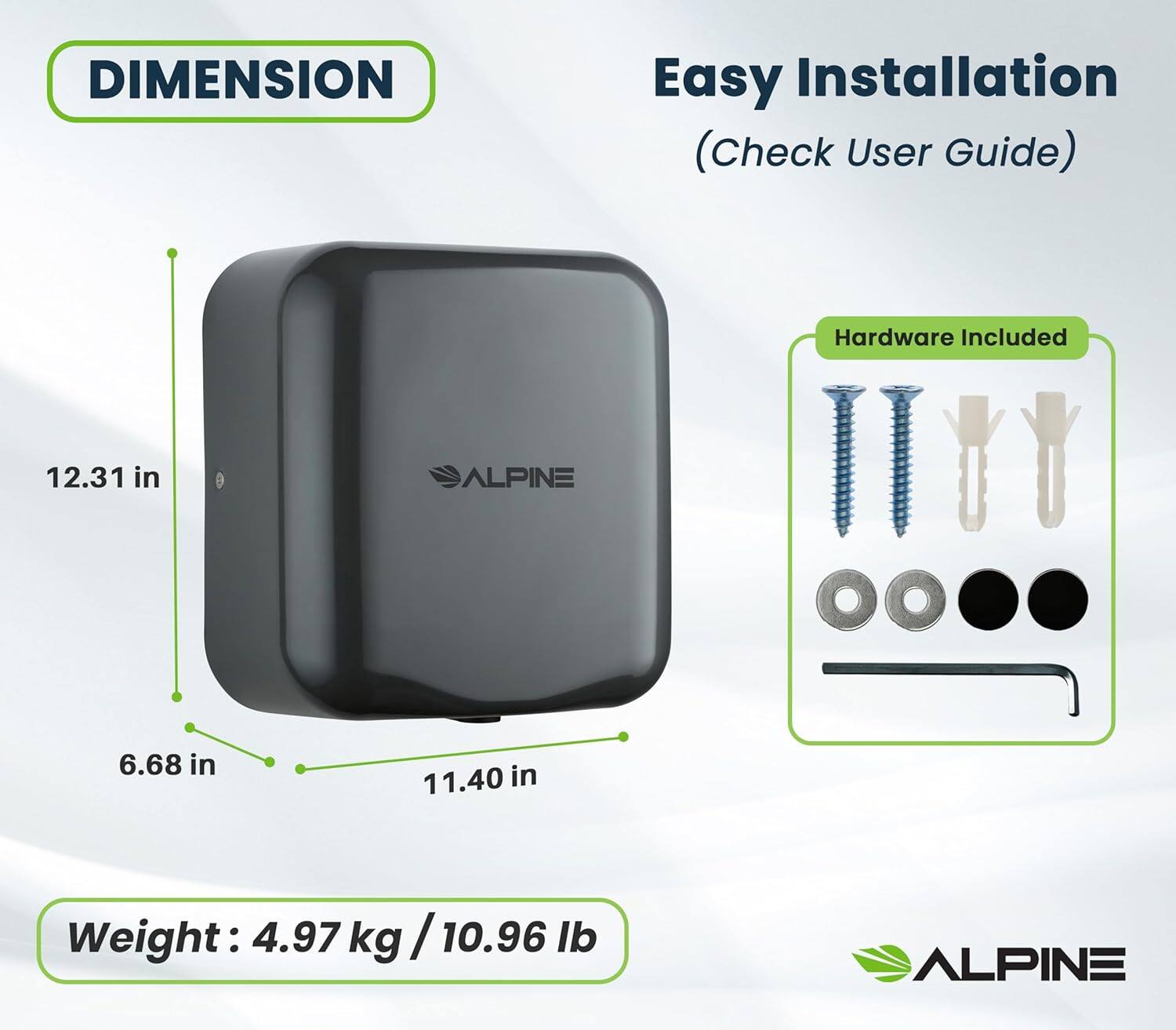 DIMENSION, Easy Installation (Check User Guide), Hardware Included, 12.31 in, 6.68 in, 11.40 in, Weight: 4.97 kg / 10.96 lb, ALPINE, ALPINE