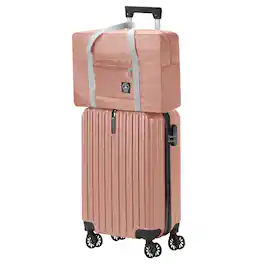 Oumilen - 2 Piece Luggage Set – 20in Hard Shell Carry On with Hook & Foldable Bag, Combo Lock, Spinner Wheels - Pink