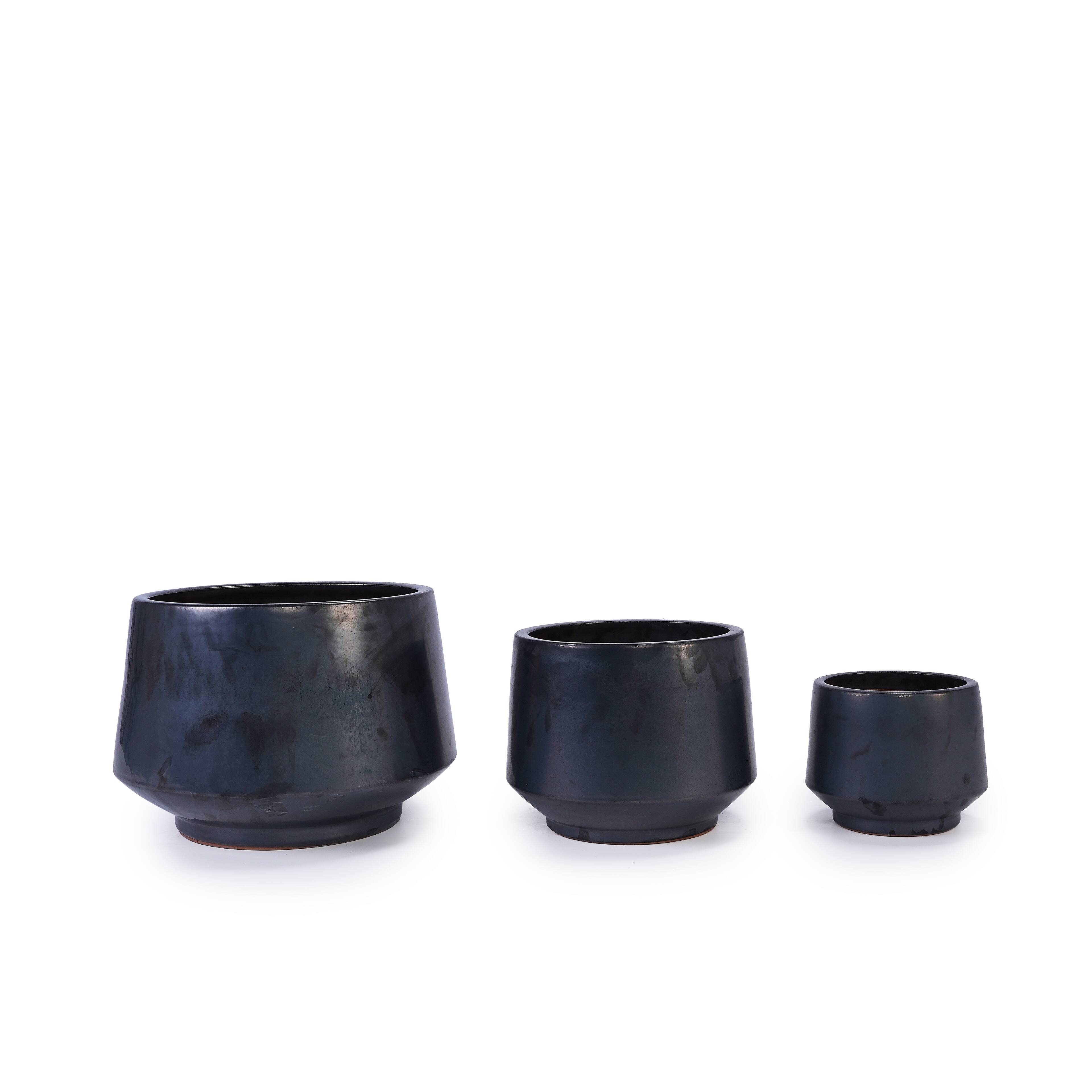 Back. Loheer - Loheer Ceramic Planter Set, Handmade Black Matte Glazed Planters, Set of 3 Textured Clay Pots for Indoor Outdoor Plants.