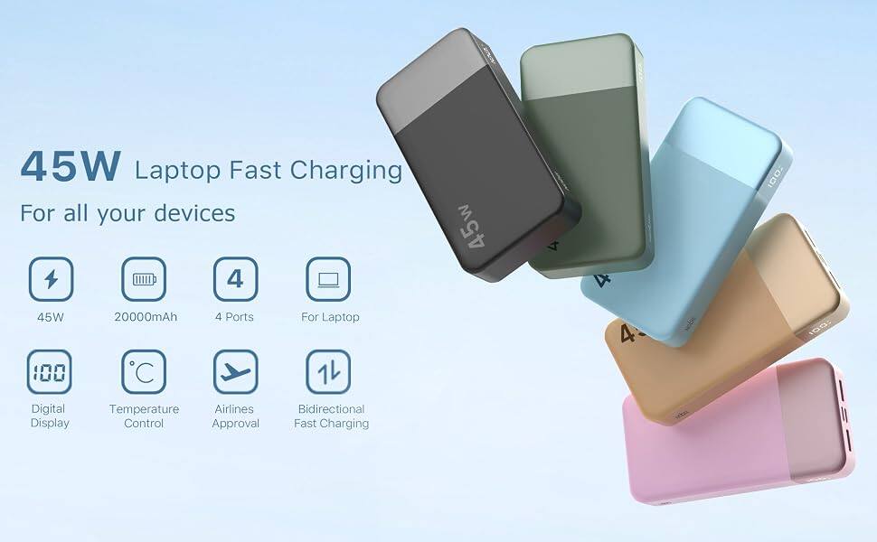 45W Laptop Fast Charging For all your devices

45W
20000mAh
4 Ports
For Laptop

Digital Display
Temperature Control
Airlines Approval
Bidirectional Fast Charging