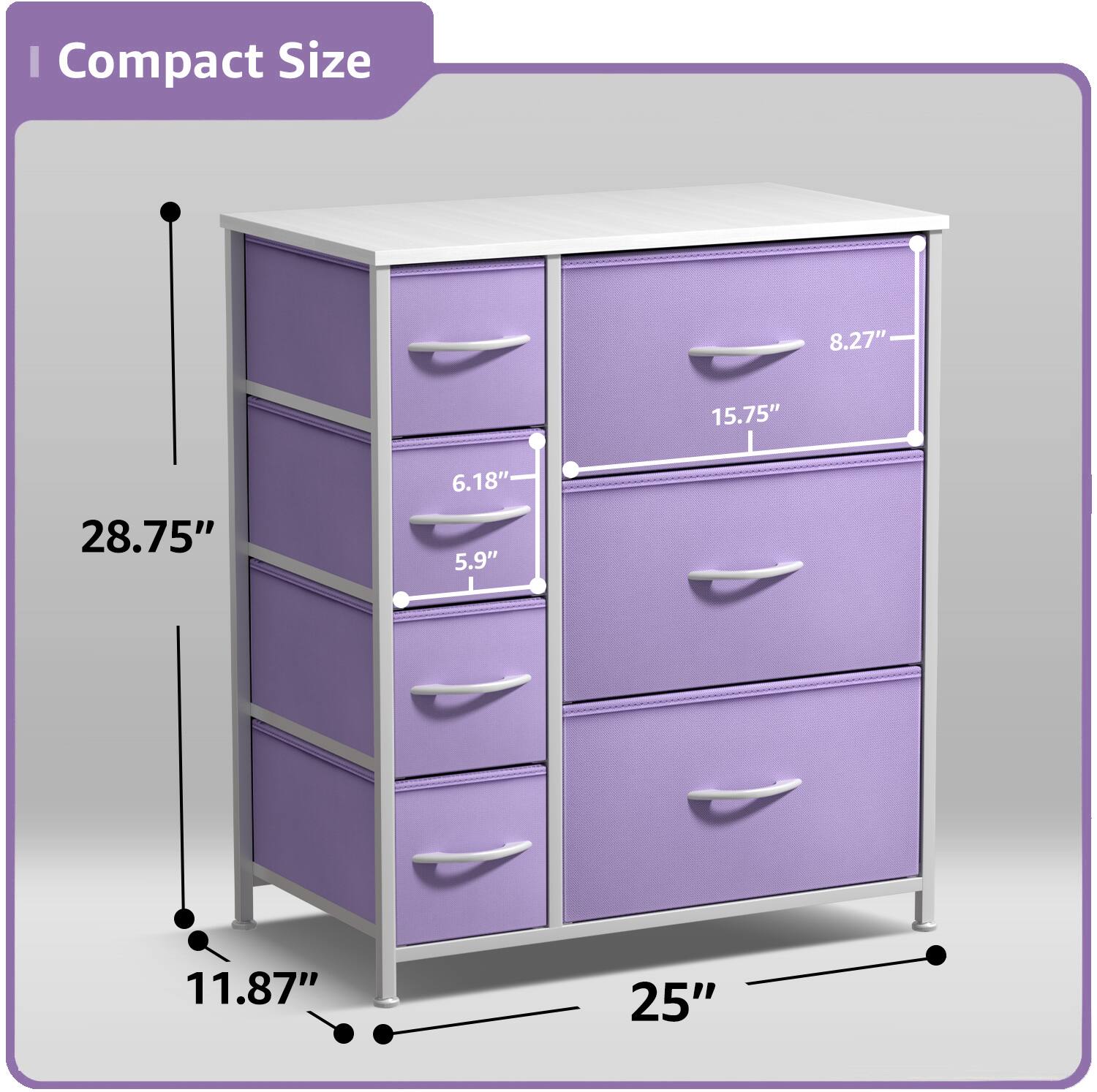 Compact Size

- Height: 28.75"
- Width: 25"
- Depth: 11.87"
- Drawer 1: 8.27" (Height) x 15.75" (Width)
- Drawer 2: 6.18" (Height) x 5.9" (Width)