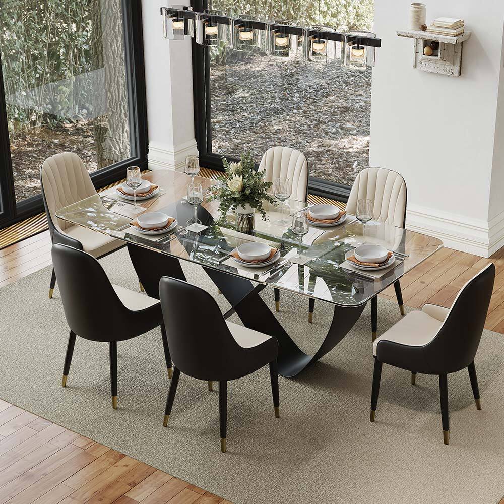 POVISON - 71" Tempered Glass Dining Table for 6, Clear Glass Dining Table with Black Butterfly Carbon Steel Base - Transparent