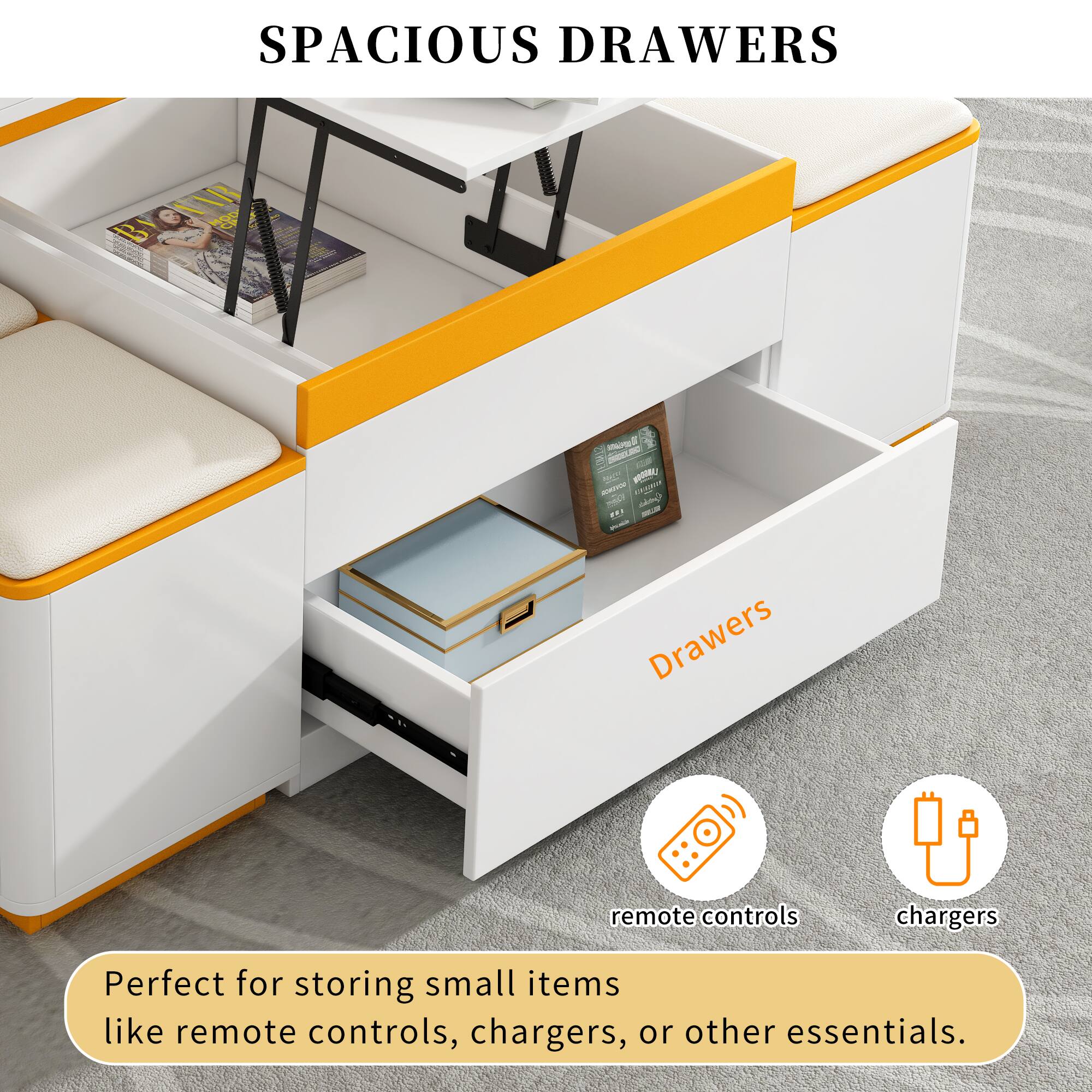 SPACIOUS DRAWERS

Perfect for storing small items like remote controls, chargers, or other essentials.

Drawers

remote controls

chargers