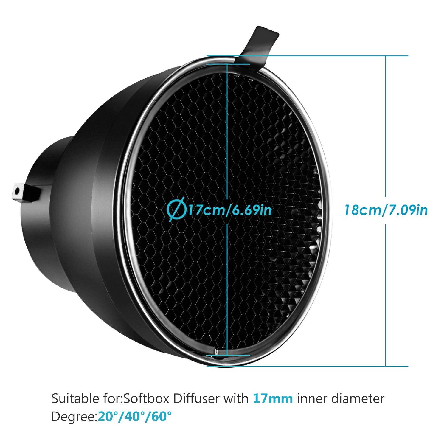 17cm/6.69in  
18cm/7.09in  

Suitable for: Softbox Diffuser with 17mm inner diameter  
Degree: 20°/40°/60°