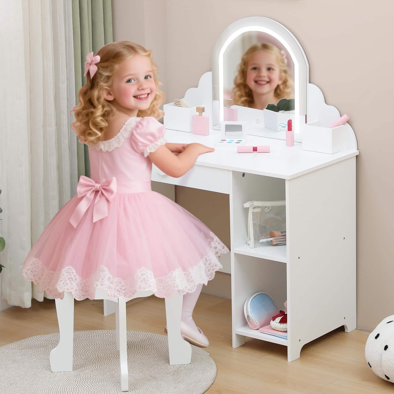 Jojoka - Kids Vanity with Lighted Mirror & Stool, Girls Makeup Table with Drawer, Shelves & Adjustable LED for Ages 3–9 - White