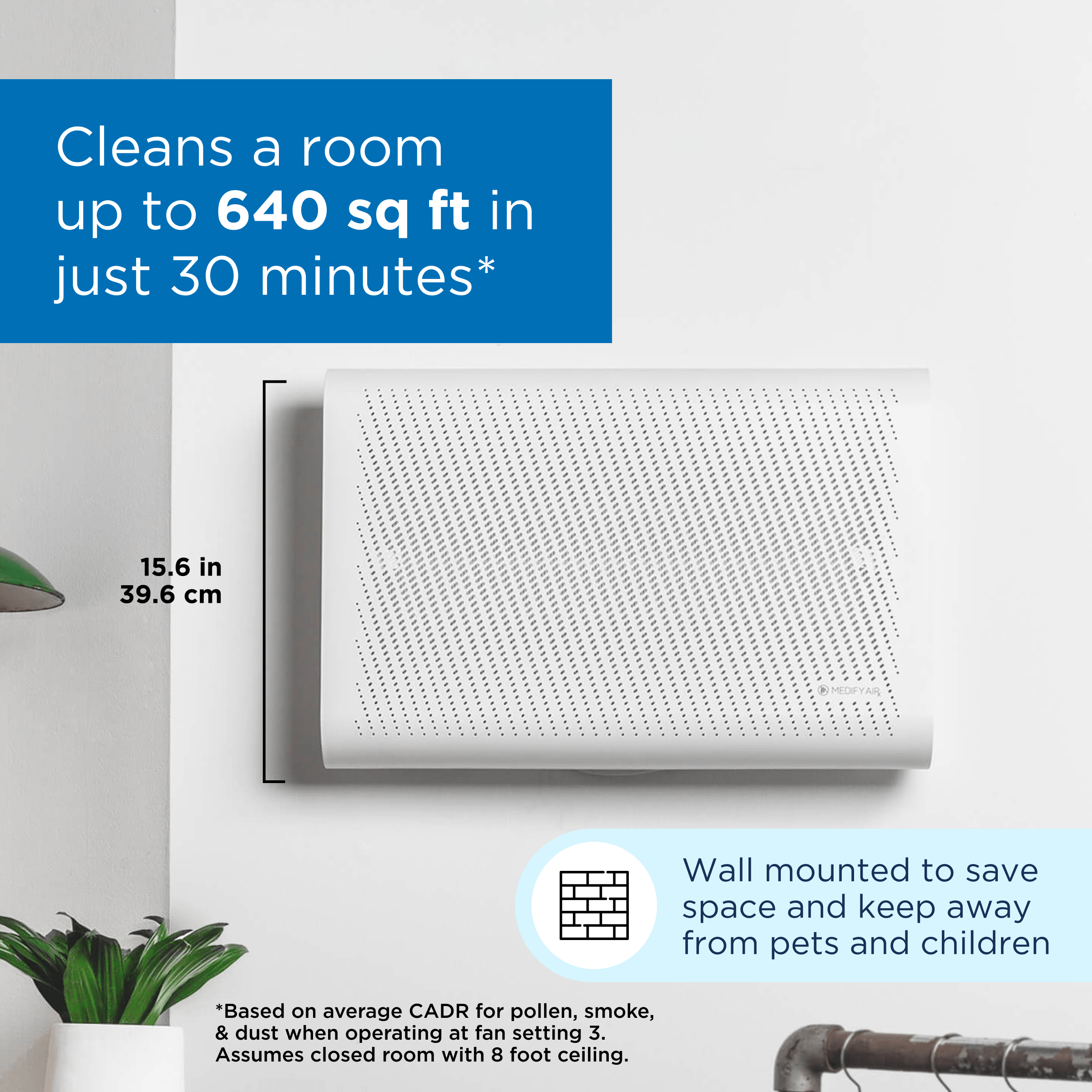The text on the image reads: "Cleans a room up to 640 sq ft in just 30 minutes* 15.6 in 39.6 cm MEDIFYAR Wall mounted to save space and keep away from pets and children *Based on average CADR for pollen, smoke, & dust when operating at fan setting 3. Assumes closed room with 8 foot ceiling."
