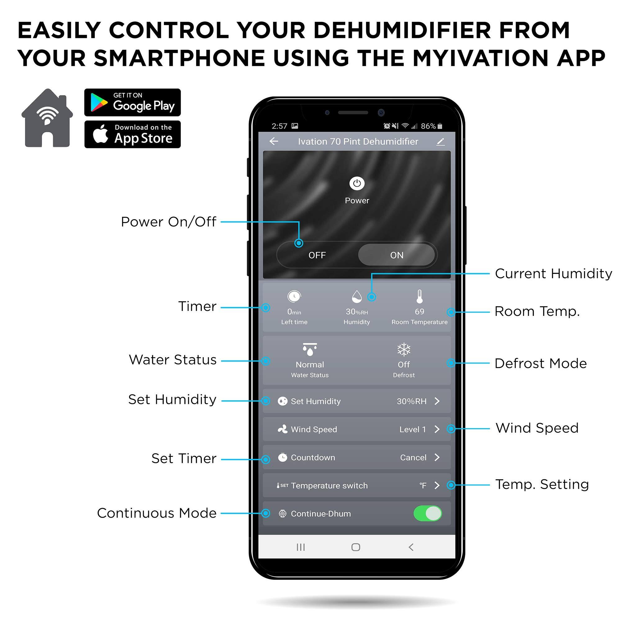 EASILY CONTROL YOUR DEHUMIDIFIER FROM YOUR SMARTPHONE USING THE MYIVATION APP

GET IT ON Google Play
Download on the App Store

2:57
86%
Ivation 70 Pint Dehumidifier

Power On/Off
Power
OFF
ON
Current Humidity
Timer
Omin
Left time
30% Humidity
69
Room Temperature
Room Temp.
Water Status
Normal
Water Status
Off
Defrost
Defrost Mode
Set Humidity
Set Humidity
30%RH
Wind Speed
Level 1
Wind Speed
Set Timer
Countdown
Cancel
SET TEMPERATURE SWITCH
'F
Temp. Setting
Continuous Mode
Continue-Dhum