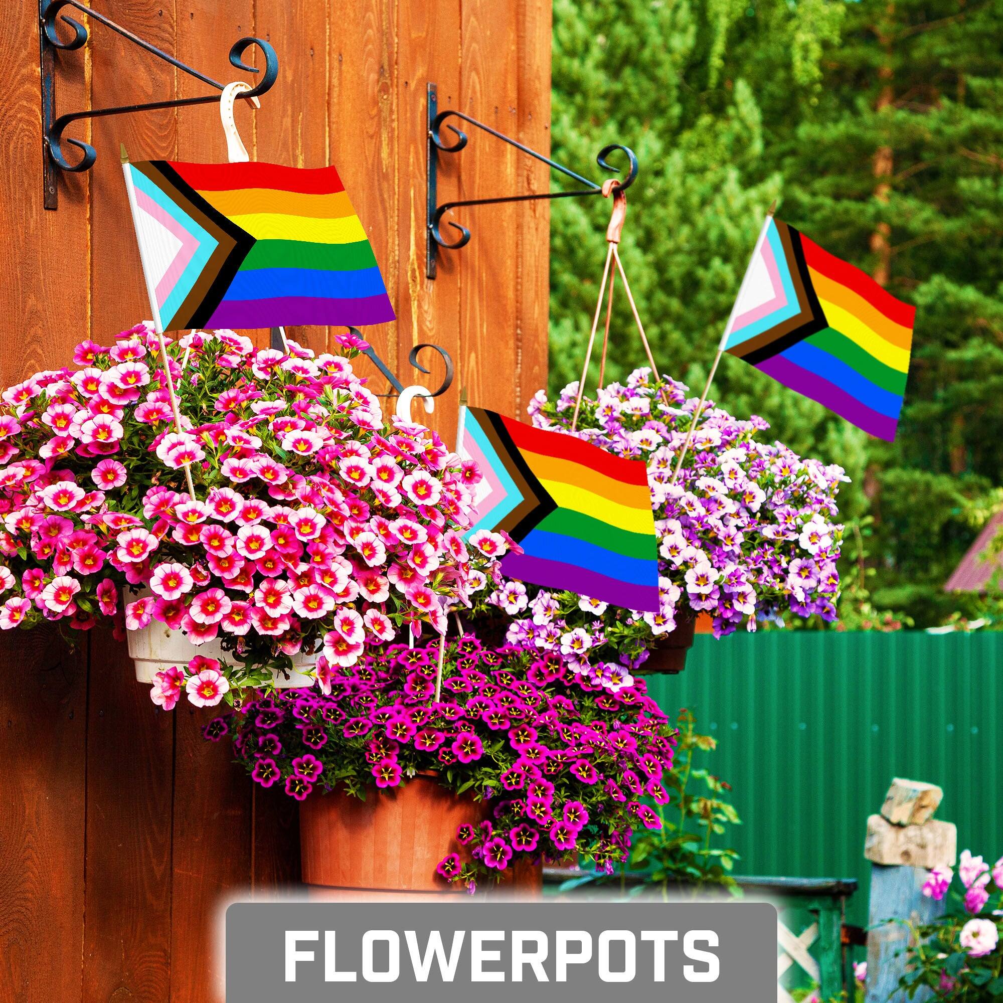 Angle. G128 - 12 Pack Handheld LGBT Progress Rainbow Pride Stick Flags 8x12 in 150D Polyester - Assorted Colors.