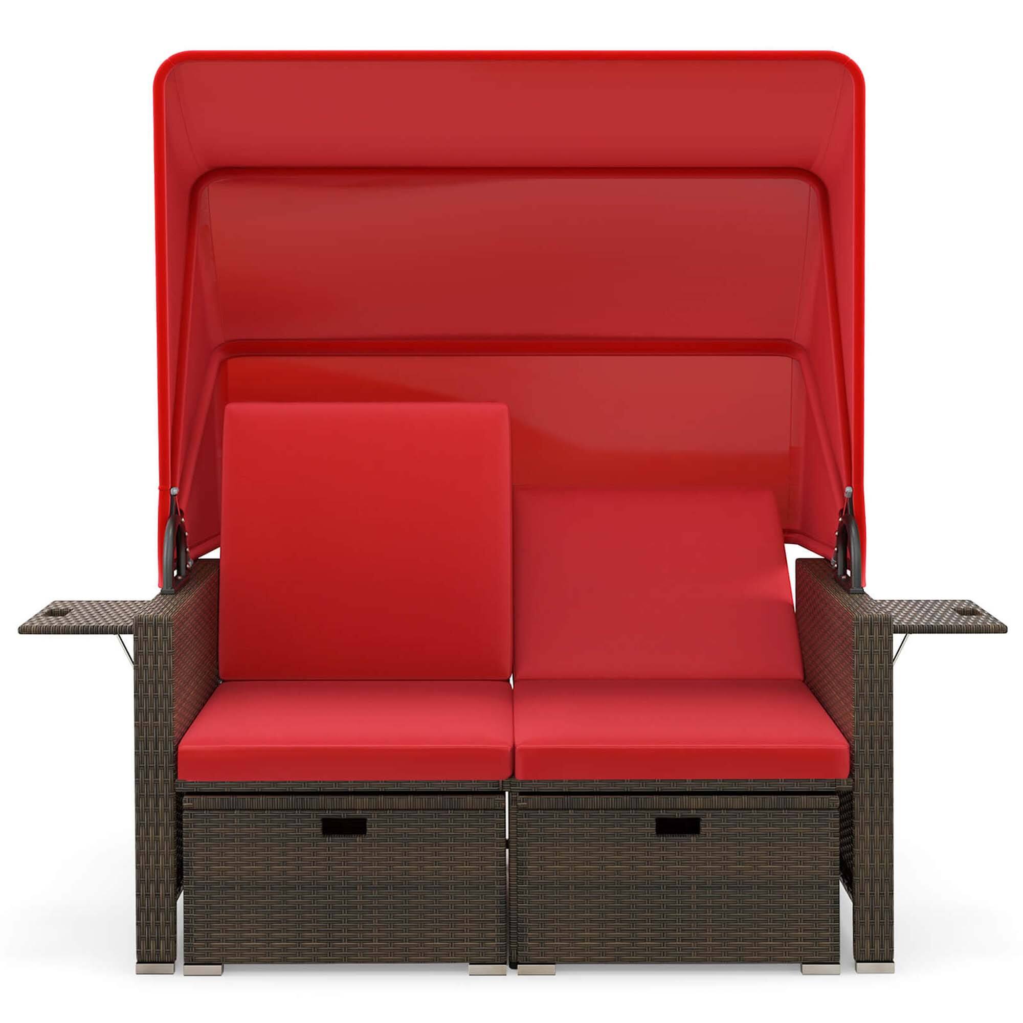 Angle. Costway - Outdoor Patio Rattan Daybed with Retractable Canopy & Adjustable Backrests - Red + Mix Brown.