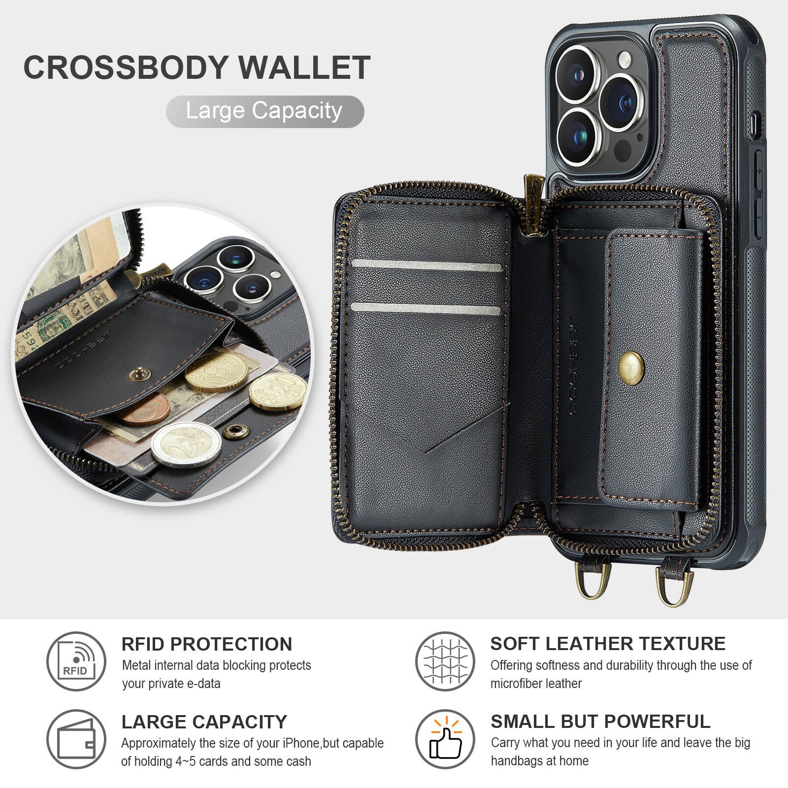 CROSSBODY WALLET  
Large Capacity

RFID PROTECTION  
Metal internal data blocking protects your private e-data

LARGE CAPACITY  
Approximately the size of your iPhone, but capable of holding 4-5 cards and some cash

SOFT LEATHER TEXTURE  
Offering softness and durability through the use of microfiber leather

SMALL BUT POWERFUL  
Carry what you need in your life and leave the big handbags at home