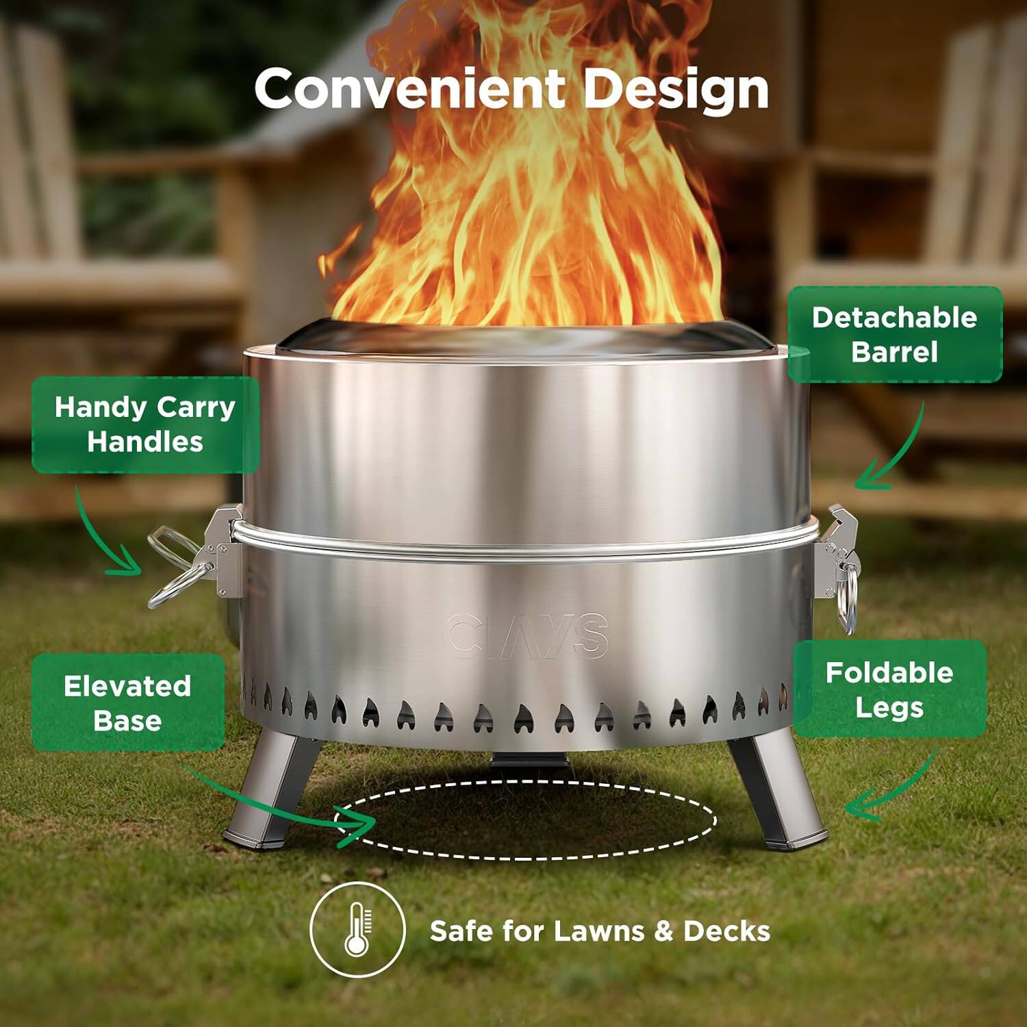 Convenient Design  
- Detachable Barrel  
- Handy Carry Handles  
- Elevated Base  
- Foldable Legs  
- Safe for Lawns & Decks