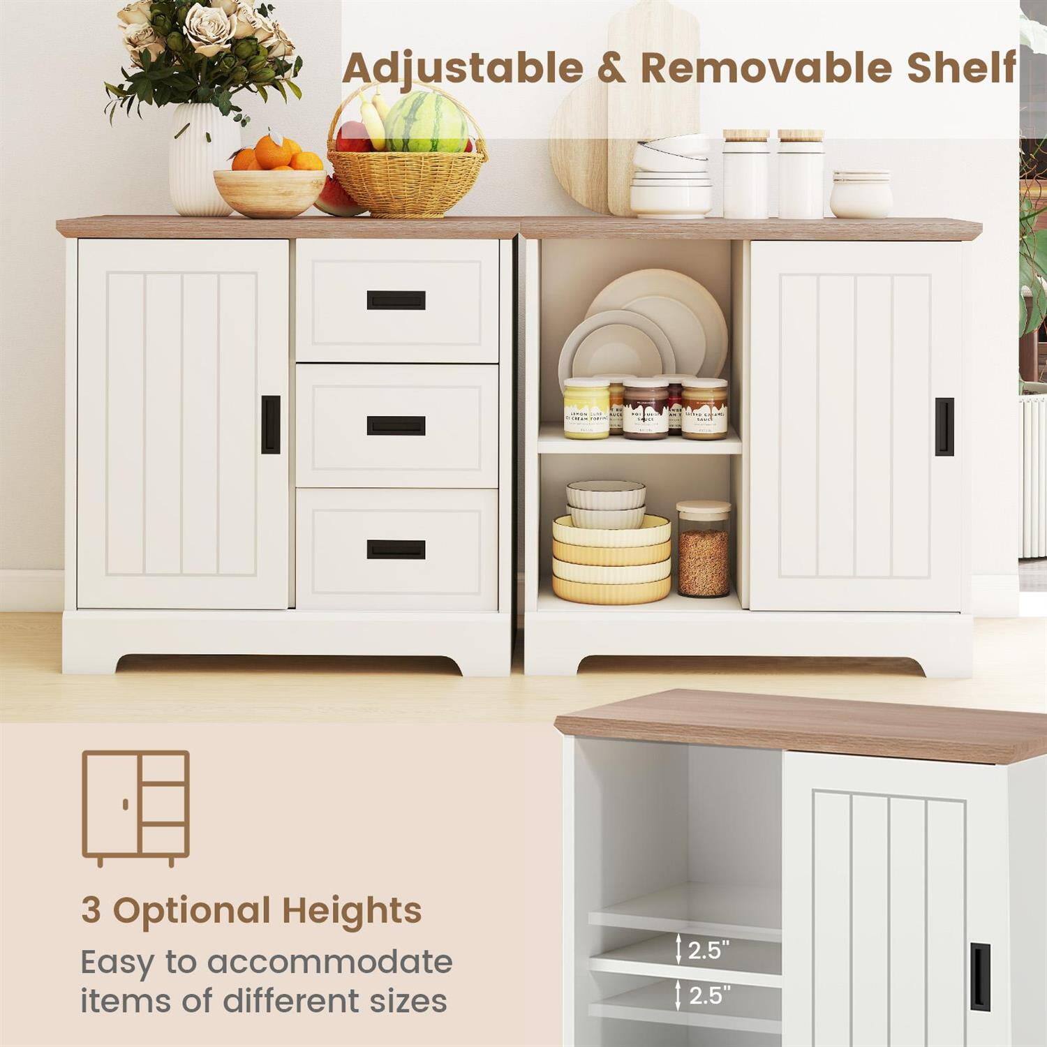 Adjustable & Removable Shelf

3 Optional Heights

Easy to accommodate items of different sizes

2.5" 2.5"