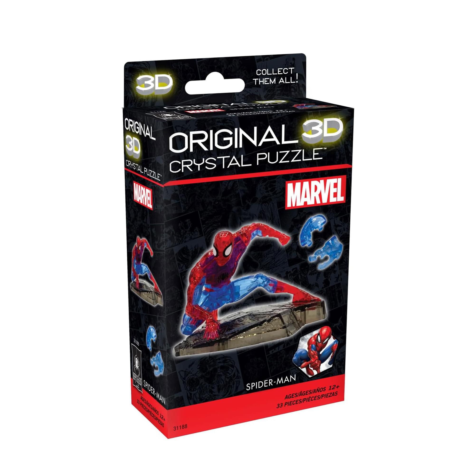 COLLECT 3D THEM ALL!  
ORIGINAL 3D CRYSTAL PUZZLE  
MARVEL  
SPIDER-MAN  
AGES 12+  
33 PIECES/PIECES/PIEZAS  
31188