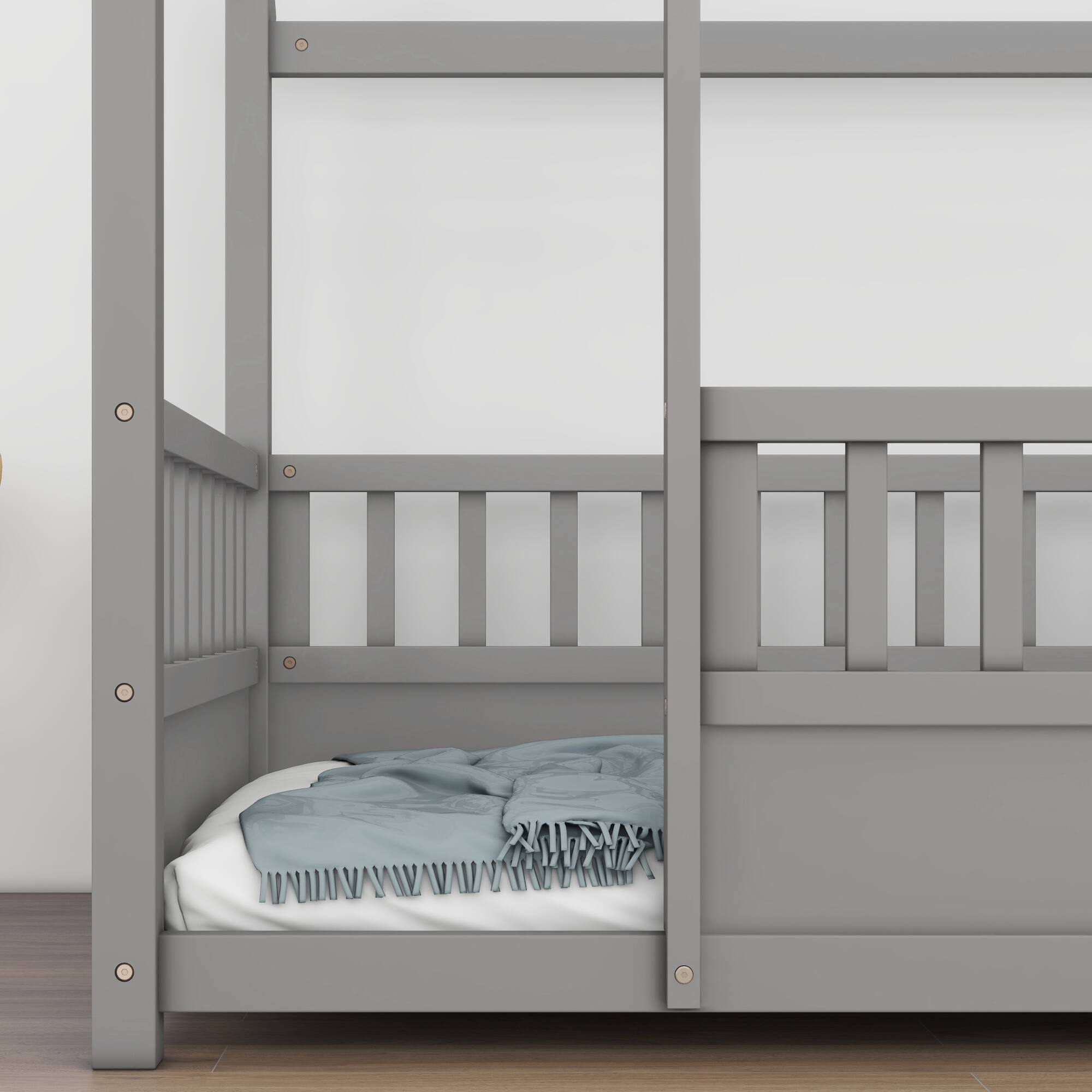 Left. GOODSILO - Twin Size Floor Bed with Playhouse Roof Design and Safety Guardrails for Children's Bedroom - Grey.