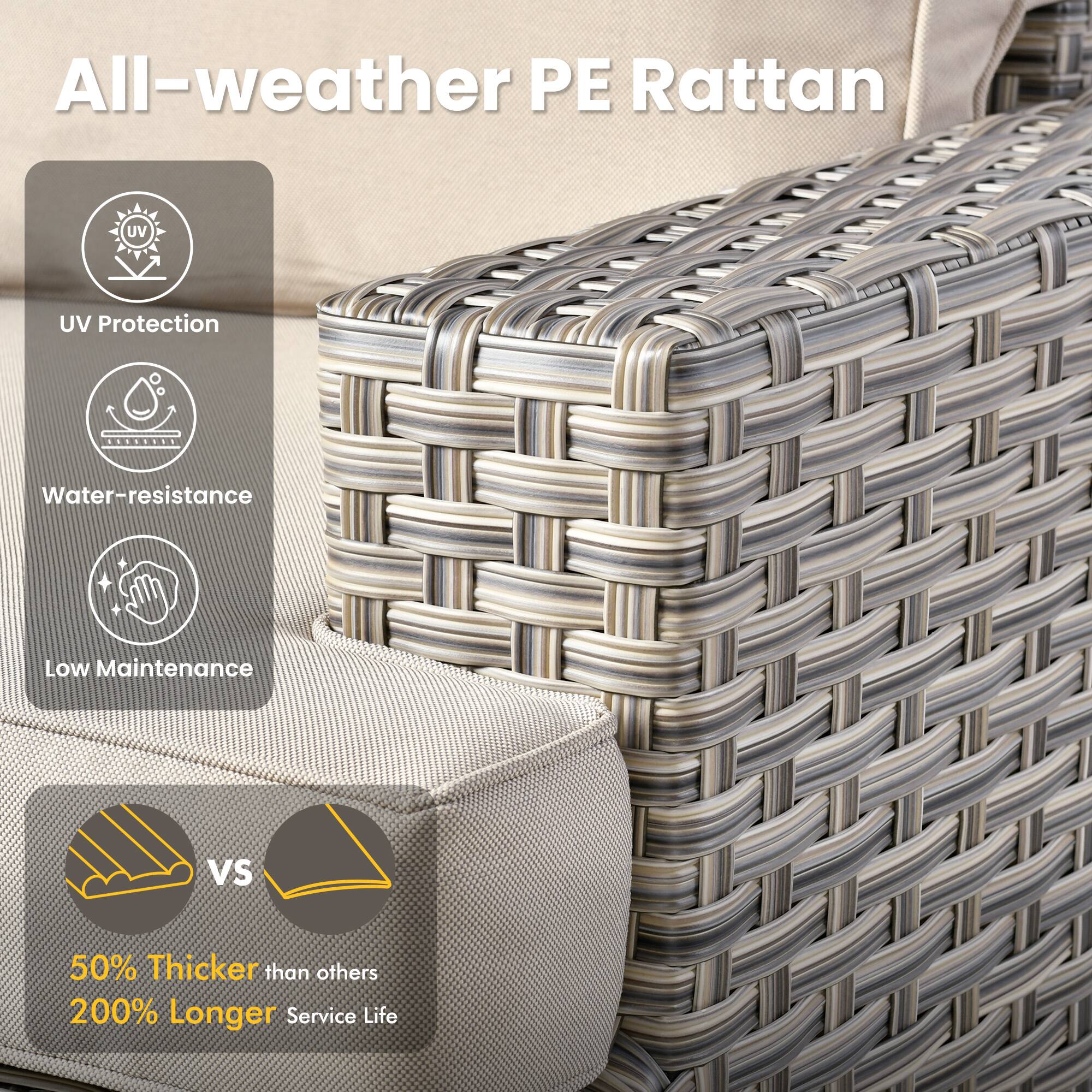 All-weather PE Rattan

- UV Protection
- Water-resistance
- Low Maintenance

VS

50% Thicker than others
200% Longer Service Life