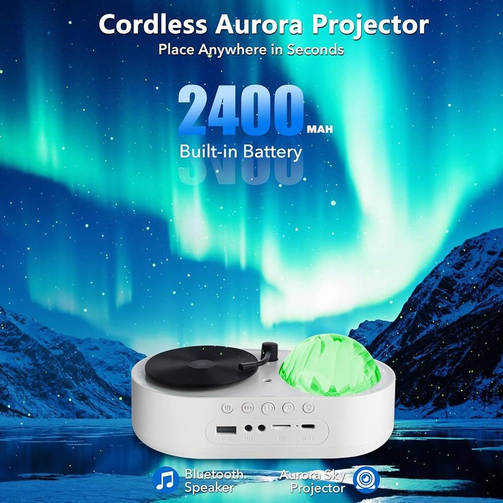 Cordless Aurora Projector  
Place Anywhere in Seconds  

2400 MAH  
Built-in Battery  

Bluetooth Speaker  

Aurora Sky Projector
