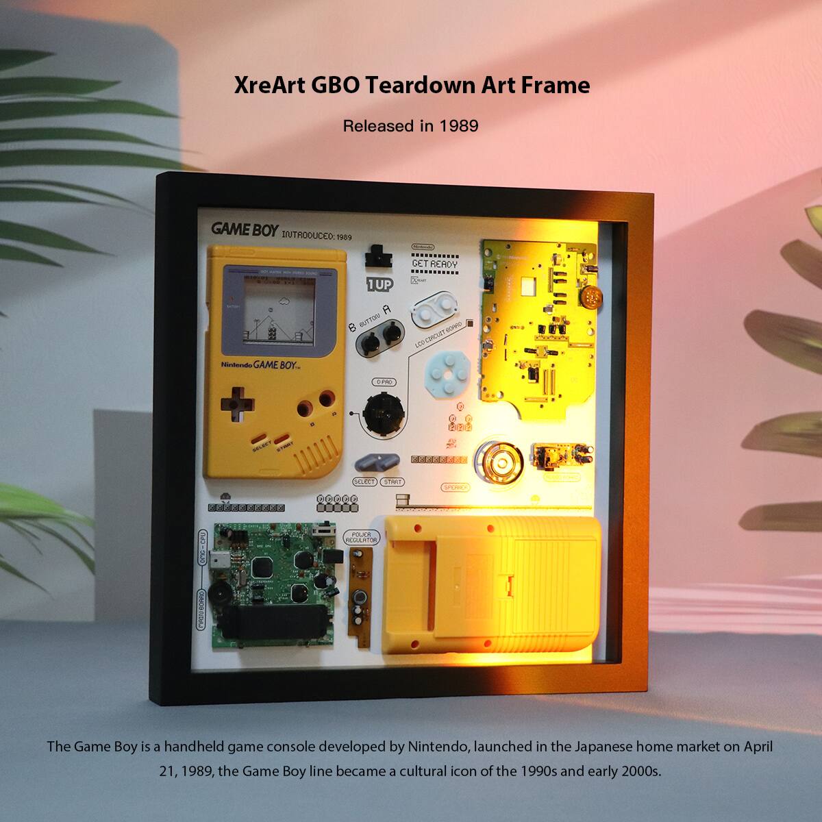 XreArt GBO Teardown Art Frame  
Released in 1989  

The Game Boy is a handheld game console developed by Nintendo, launched in the Japanese home market on April 21, 1989, the Game Boy line became a cultural icon of the 1990s and early 2000s.