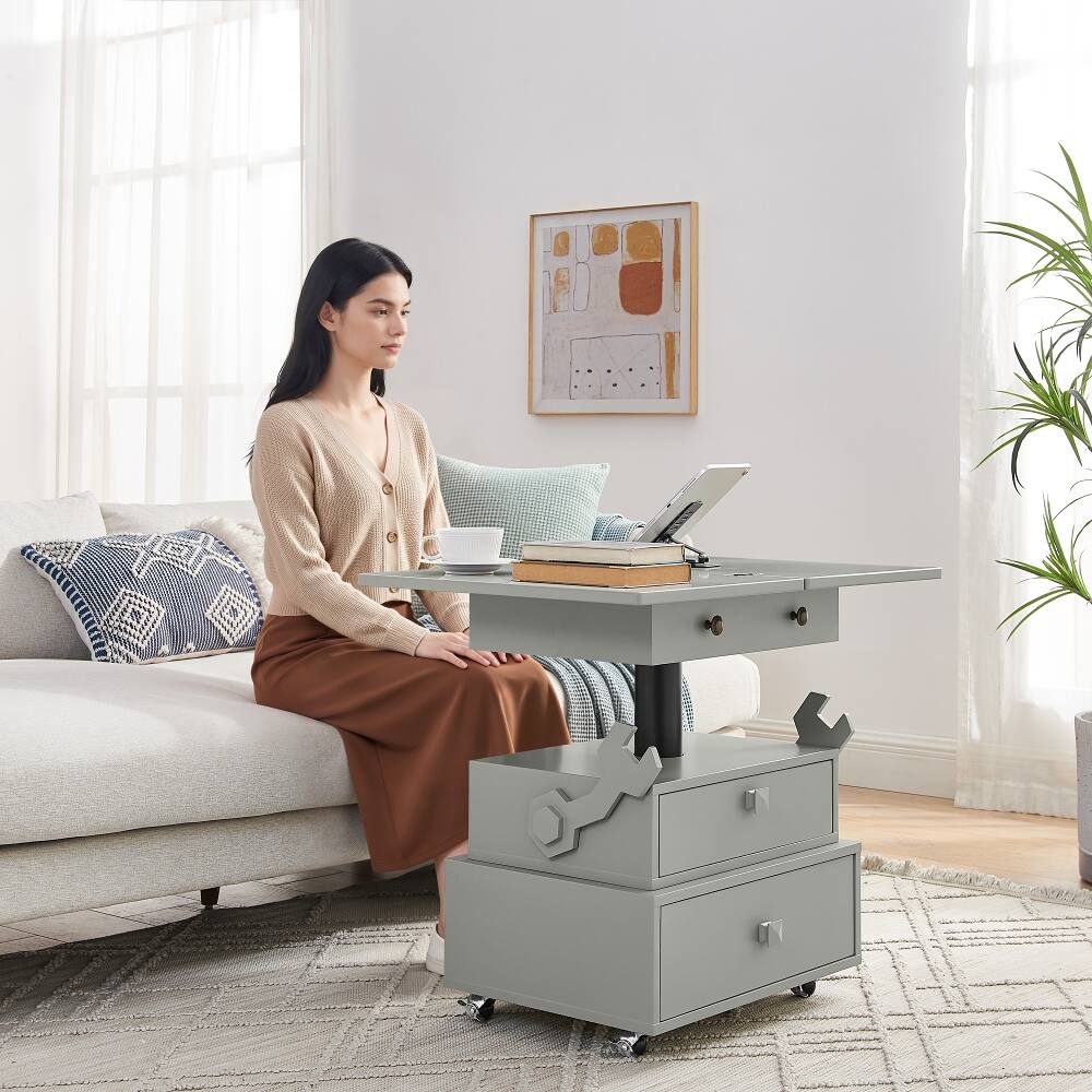 Alt View 2. Loheer - Loheer Adjustable Height Rolling End Table with Charging Station - Gray.