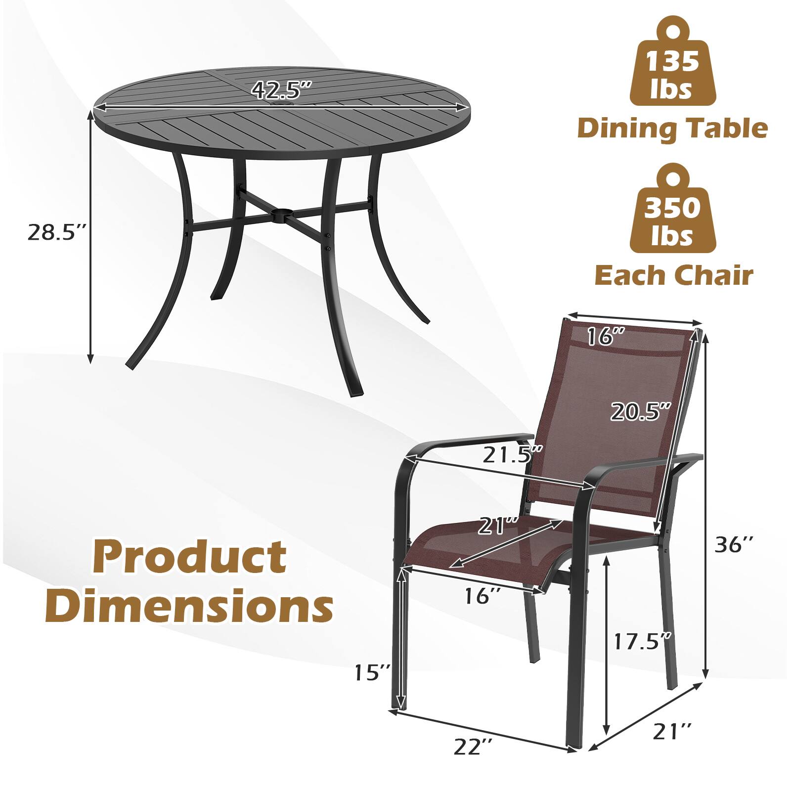 42.5" Dining Table  
28.5" Height  
135 lbs Capacity  

Each Chair  
16" Width  
20.5" Depth  
21.5" Back Height  
17.5" Seat Height  
21" Armrest Height  
36" Overall Height  
22" Seat Depth  
15" Seat Width  

Product Dimensions
