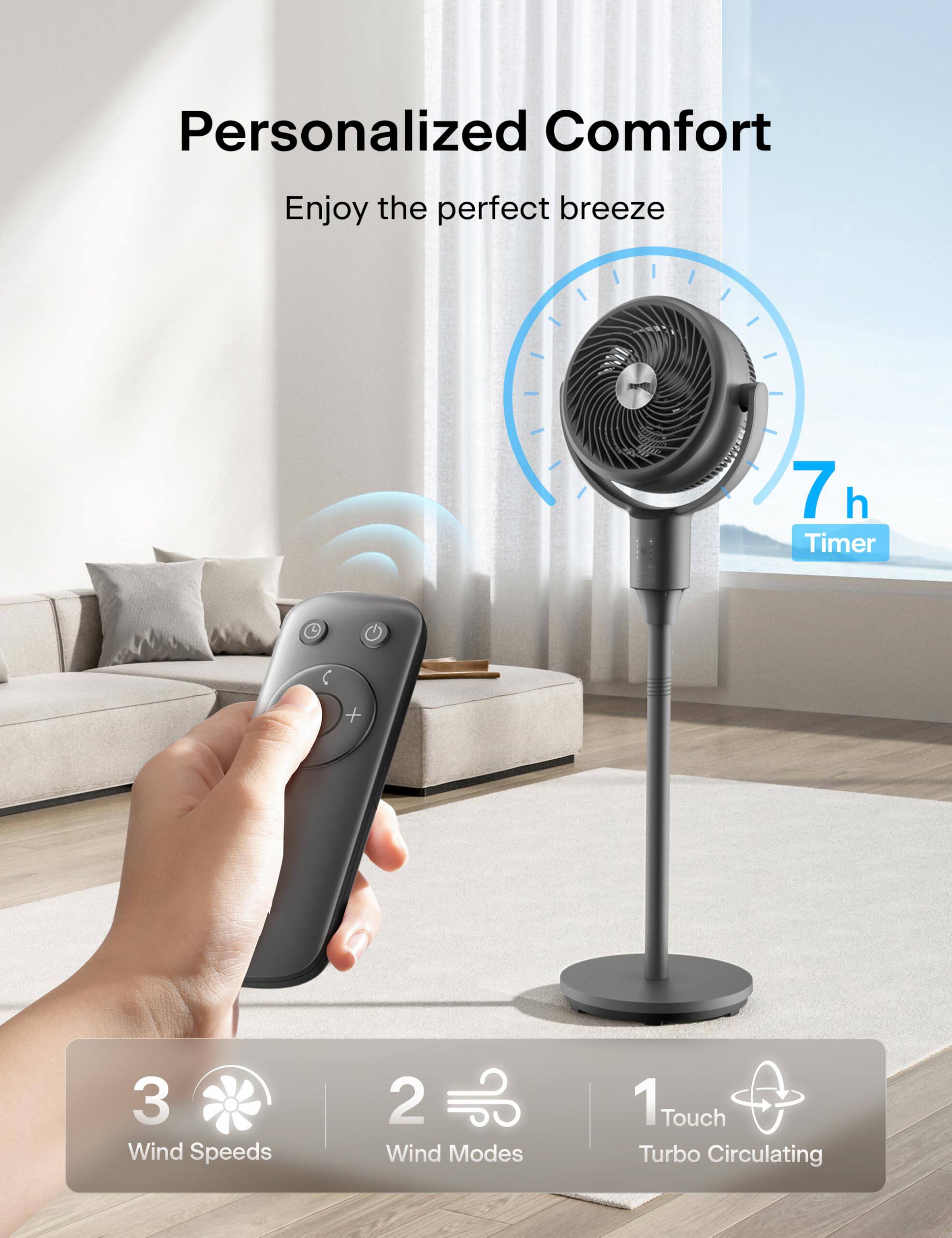 Personalized Comfort  
Enjoy the perfect breeze  

- 7 h Timer  
- 3 Wind Speeds  
- 2 Wind Modes  
- 1 Touch Turbo Circulating