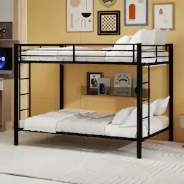 Loheer - Heavy Duty Queen Size Metal Bunk Bed Iron Square Tube Frame Space Saving - Black
