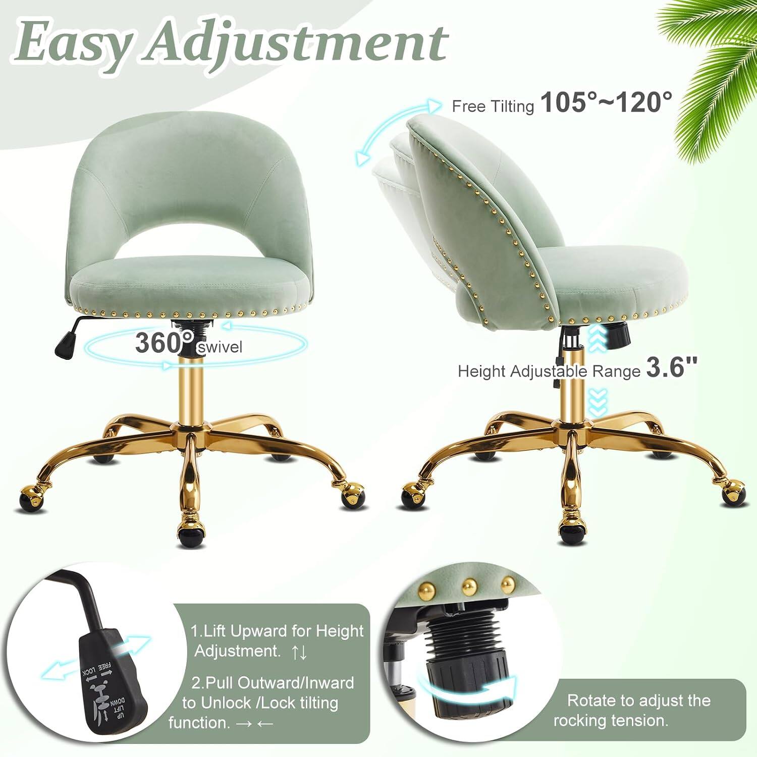 Easy Adjustment

Free Tilting 105°~120°

360° swivel

Height Adjustable Range 3.6"

1. Lift Upward for Height Adjustment.
2. Pull Outward/Inward to Unlock /Lock tilting function. Rotate to adjust the rocking tension.