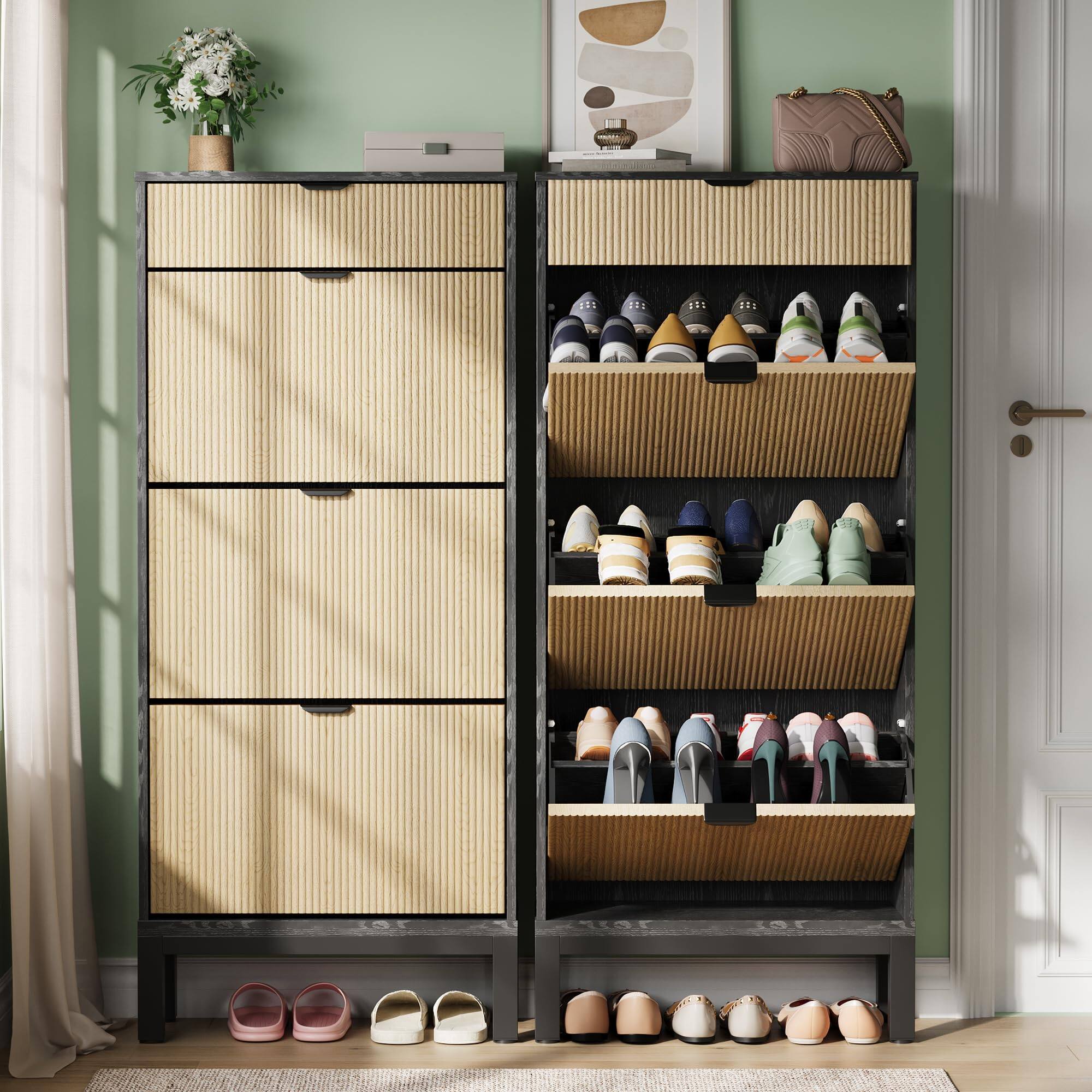 Back. Jojoka - Shoe Storage Cabinet with 3 Flip Drawers, Farmhouse Fluted Shoe Organizer with Metal Legs, Freestanding Shoe Rack - Black+Oak.