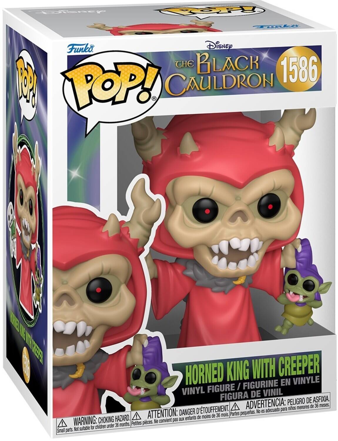 The text on the image is:

"Funko POP! Disney THE BLACK CAULDRON 1586 HORNED KING WITH CREEPER VINYL FIGURE / FIGURINE EN VINYLE FIGURA DE VINIL: PELEGRINO ASFIXIA, ADVERTENCIA: DANGER D'ASPIRATION. Partes pequeñas. No es adecuado para niños menores de 36 meses. ATTENTION: DANGER D'ASPIRATION. Petites pièces. Ne convient pas aux enfants de moins de 36 mois. WARNING: CHOKING HAZARD. Small parts. Not suitable for children under 36 months."

Corrected and grouped text:

"Funko POP! Disney THE BLACK CAULDRON 1586 HORNED KING WITH CREEPER VINYL FIGURE / FIGURINE EN VINYLE FIGURA DE VINIL: PELEGRINO ASFIXIA, ADVERTENCIA: DANGER D'ASPIRATION. Partes pequeñas. No es adecuado para niños menores de 36 meses. ATTENTION: DANGER D'ASPIRATION. Petites pièces. Ne convient pas aux enfants de moins de 36 mois. WARNING: CHOKING HAZARD. Small parts. Not suitable for children under 36 months."