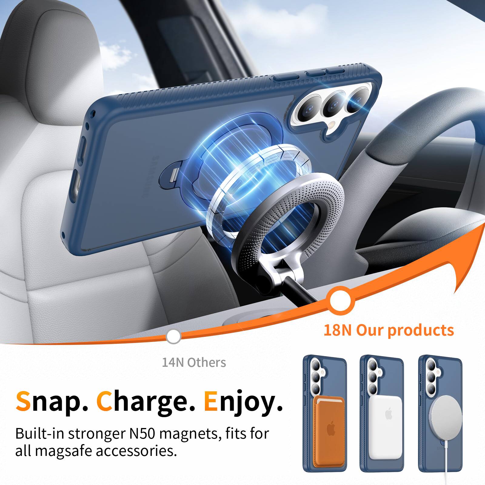 18N Our products  
14N Others  

Snap. Charge. Enjoy.  

Built-in stronger N50 magnets, fits for all mag safe accessories.